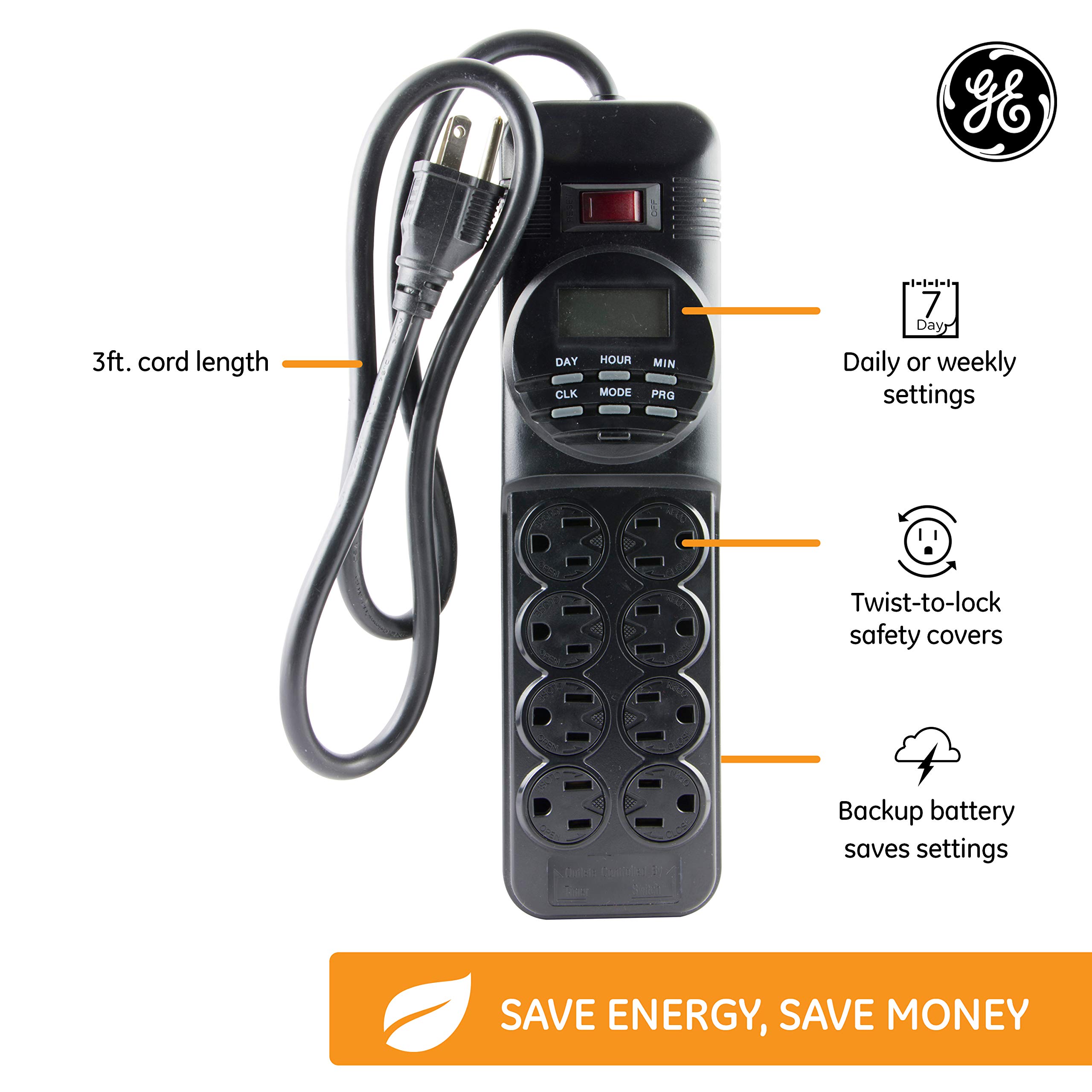 GE 7-Day Digital Power Strip with Timer, 15 AMP, 1800W, 120V, 8 Outlet Timer, 4 Timed / 4 Always On Extension Chord with Timer, Custom Indoor Light Timer, Daily/Weekly Power Strip Timer, Black, 15077 - Image 6
