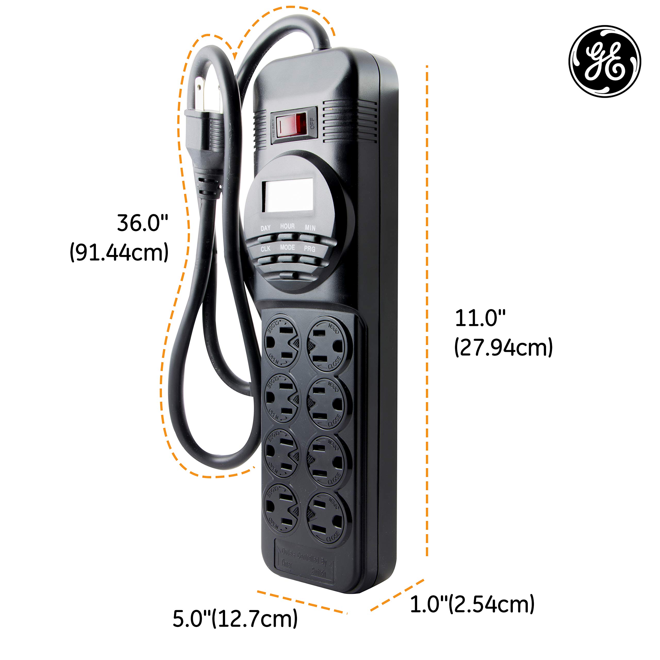 GE 7-Day Digital Power Strip with Timer, 15 AMP, 1800W, 120V, 8 Outlet Timer, 4 Timed / 4 Always On Extension Chord with Timer, Custom Indoor Light Timer, Daily/Weekly Power Strip Timer, Black, 15077 - Image 8