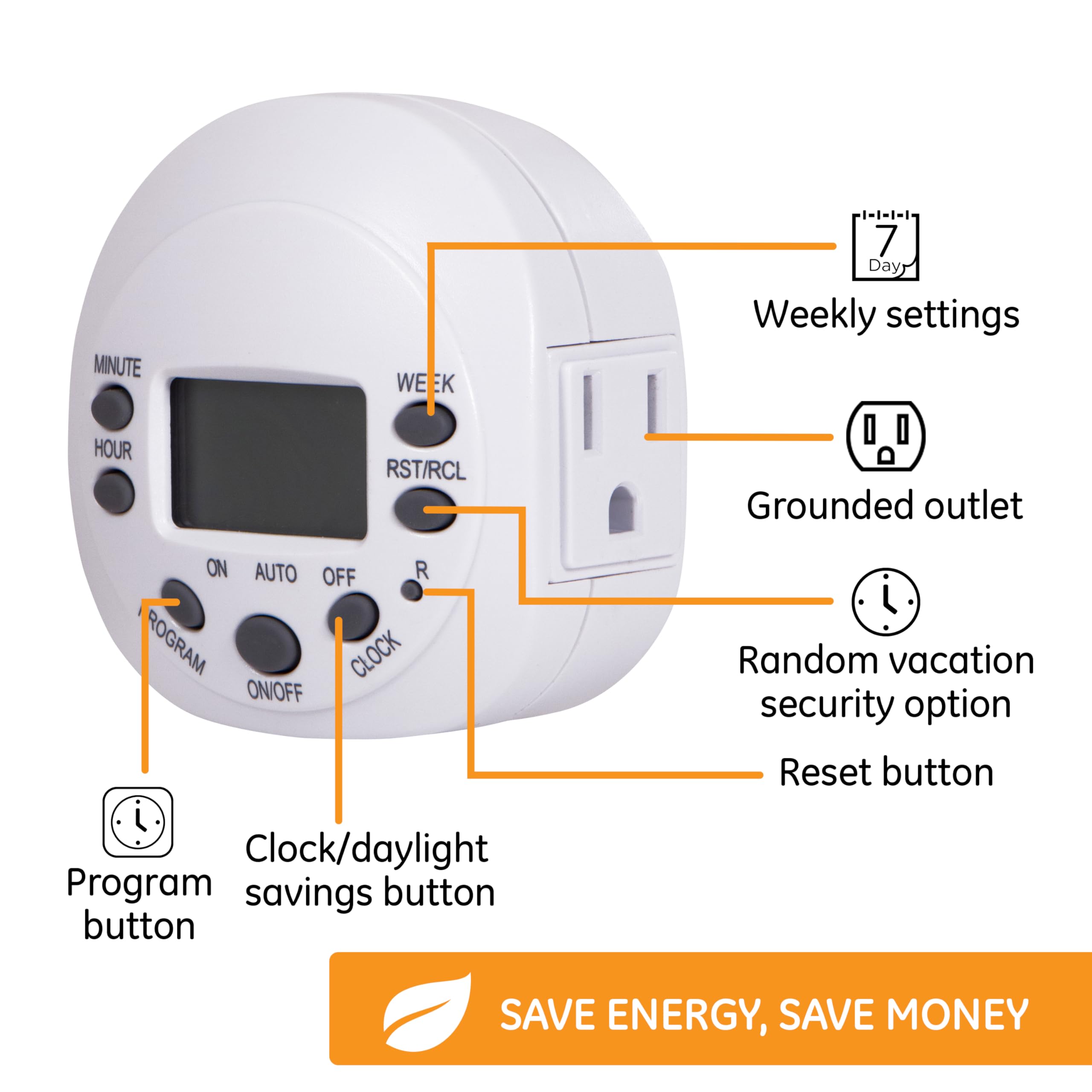 GE 7-Day Programmable Indoor Digital Timer, 1 Grounded Outlet, Weekly / 7 Day Cycle Plug for Electrical Outlets, 125 VAC Light, Plug, Lamp, White, 1 Pack, 15150 - Image 3