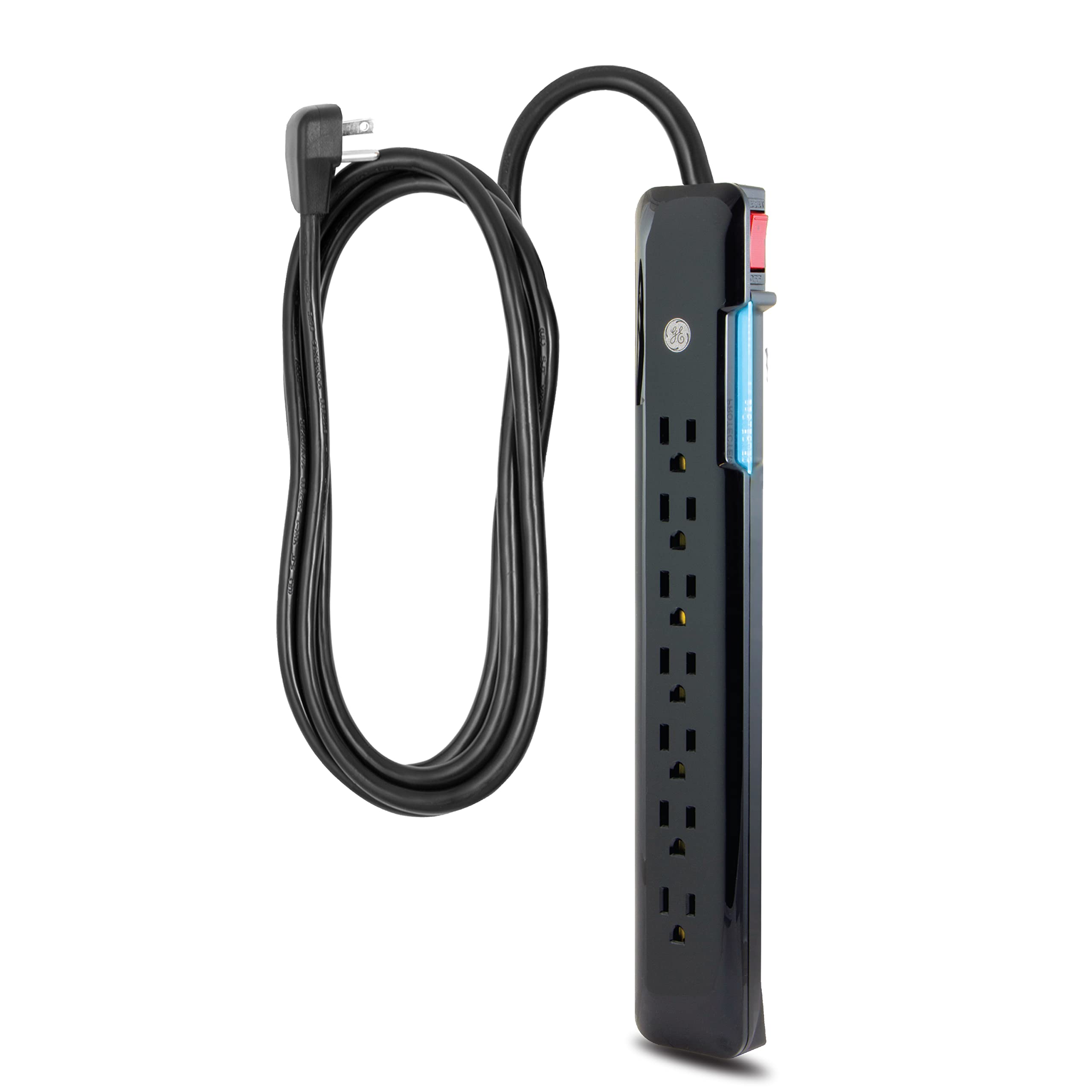 GE 7 Outlet Surge Protector, 4 Ft Power Cord, 1080 Joules, Flat Plug, Power Filter, Circuit Breaker, Warranty, UL Listed, Black, 34460