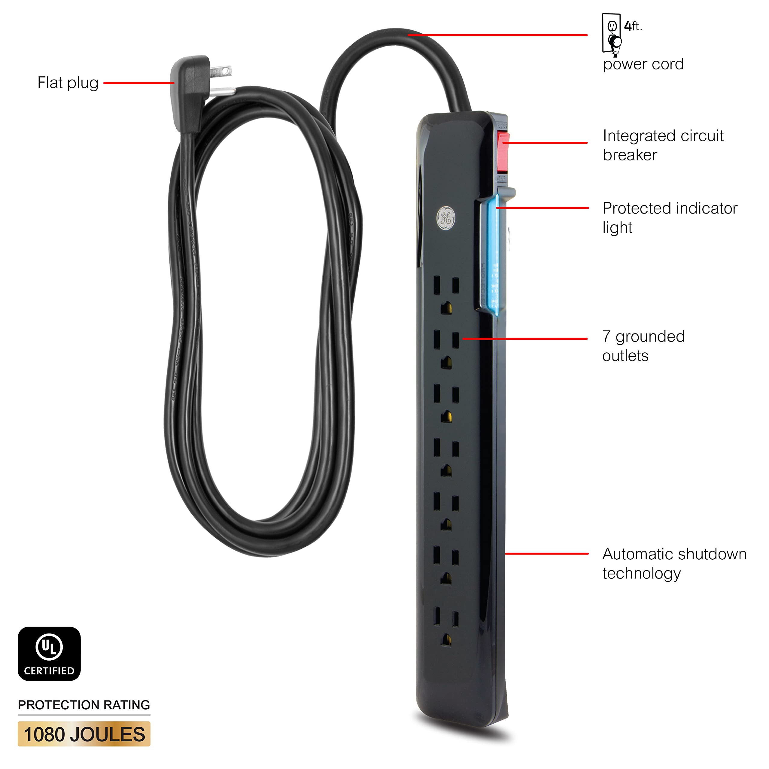 GE 7 Outlet Surge Protector, 4 Ft Power Cord, 1080 Joules, Flat Plug, Power Filter, Circuit Breaker, Warranty, UL Listed, Black, 34460 - Image 2