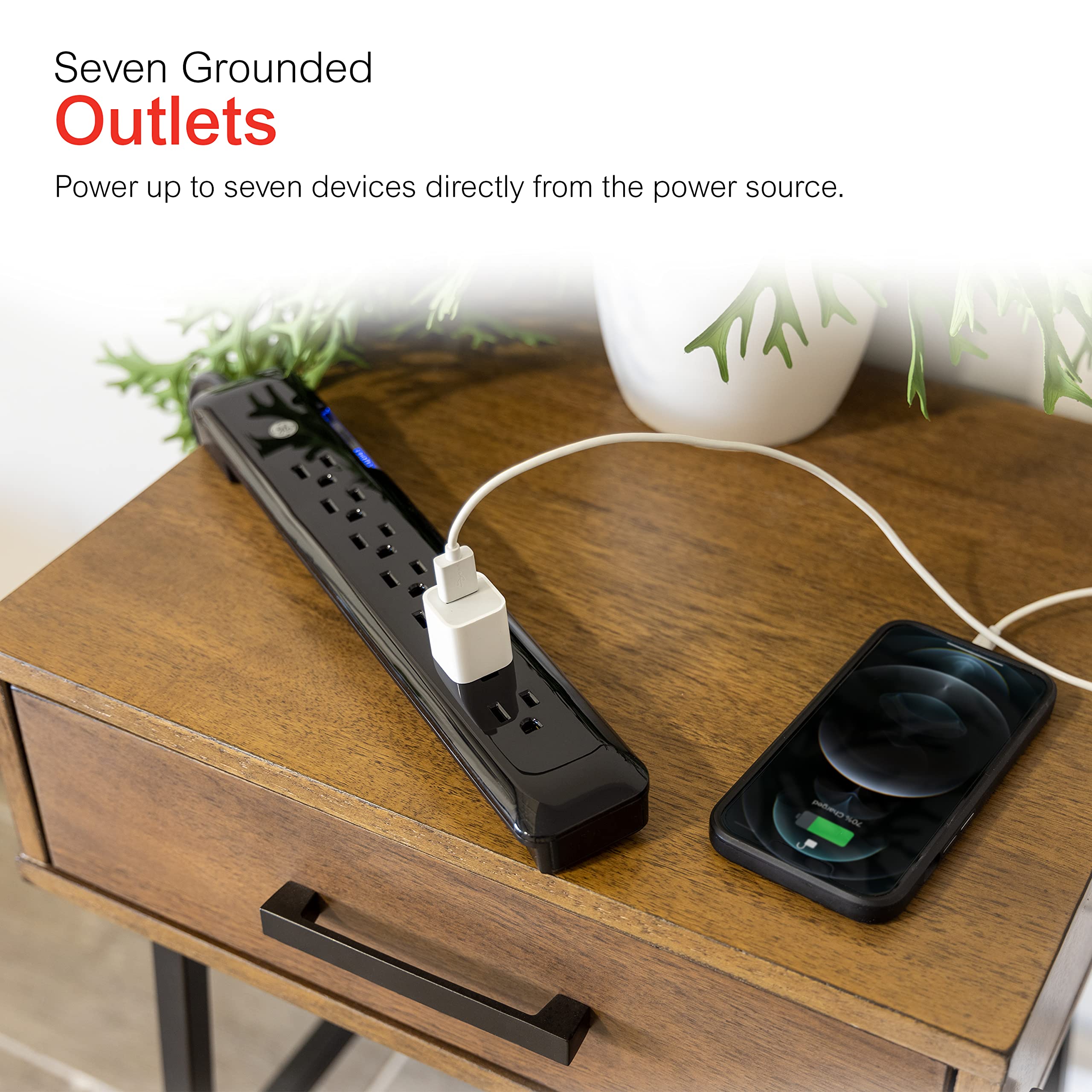 GE 7 Outlet Surge Protector, 4 Ft Power Cord, 1080 Joules, Flat Plug, Power Filter, Circuit Breaker, Warranty, UL Listed, Black, 34460 - Image 3