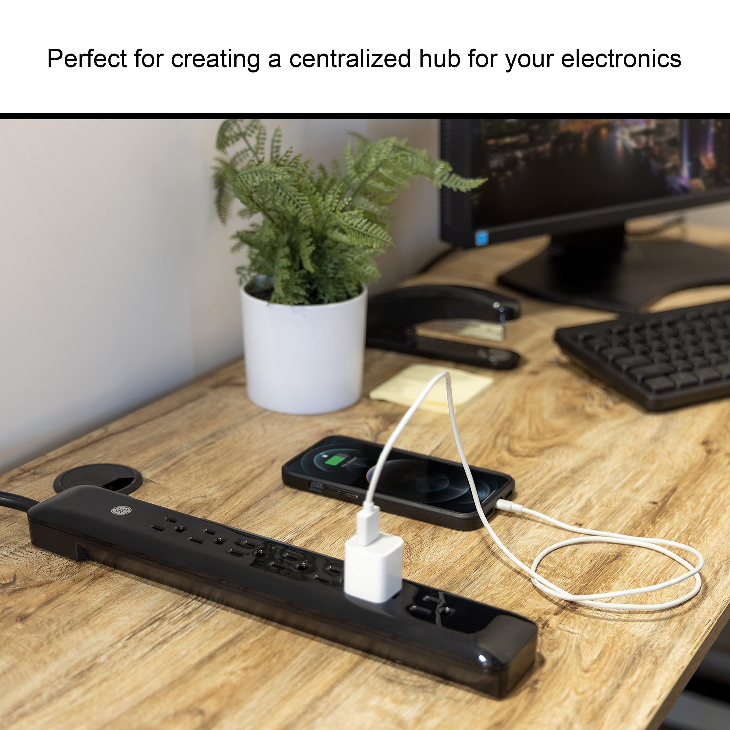 GE 7 Outlet Surge Protector, 4 Ft Power Cord, 1080 Joules, Flat Plug, Power Filter, Circuit Breaker, Warranty, UL Listed, Black, 34460 - Image 7