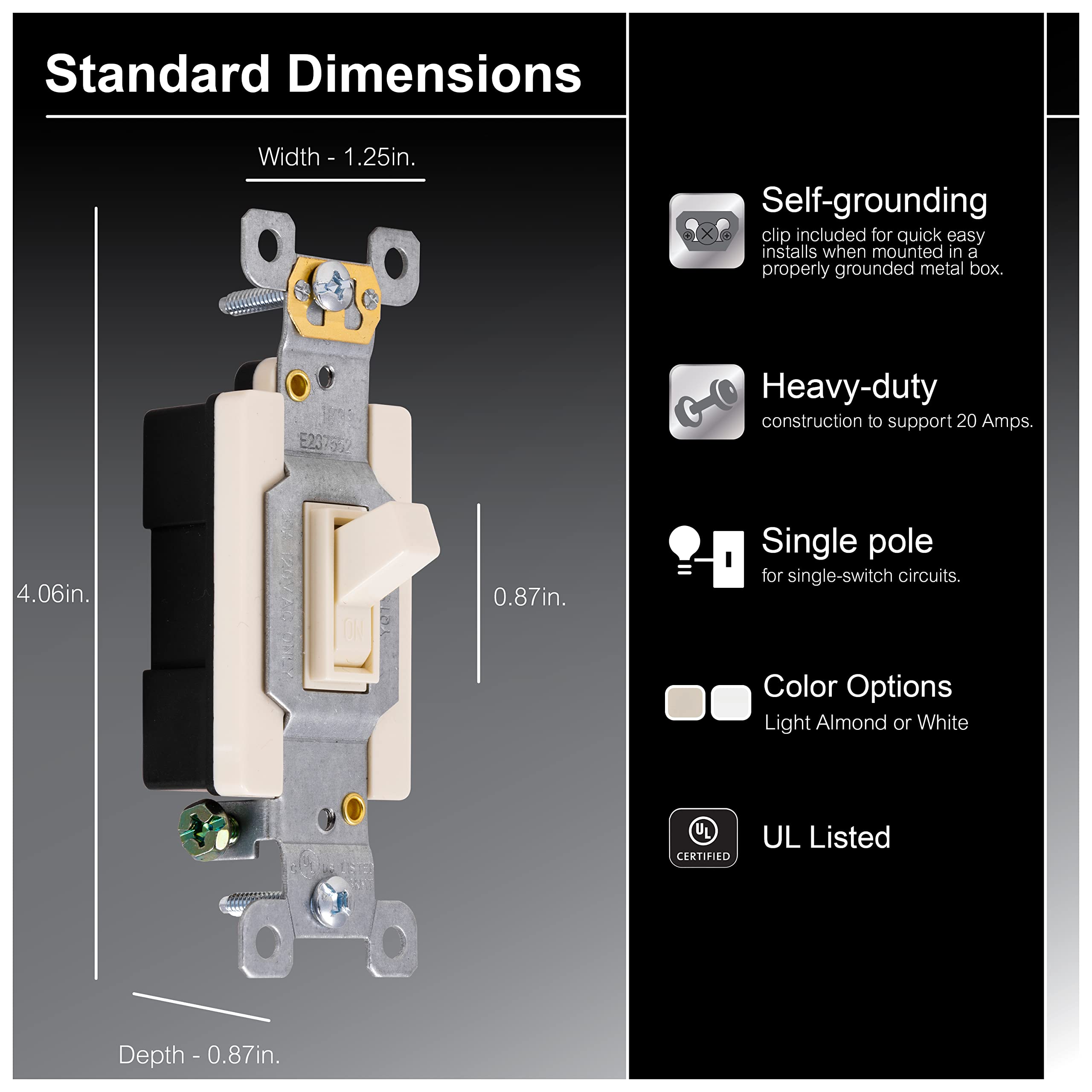 GE Almond, GE Ultra Pro Heavy-Duty, Single Pole, Wall, Light, Fan, One Switch Circuits, Self-grounding Clip, Easy to Install, 20A/120V AC, UL Listed, 42479 - Image 2