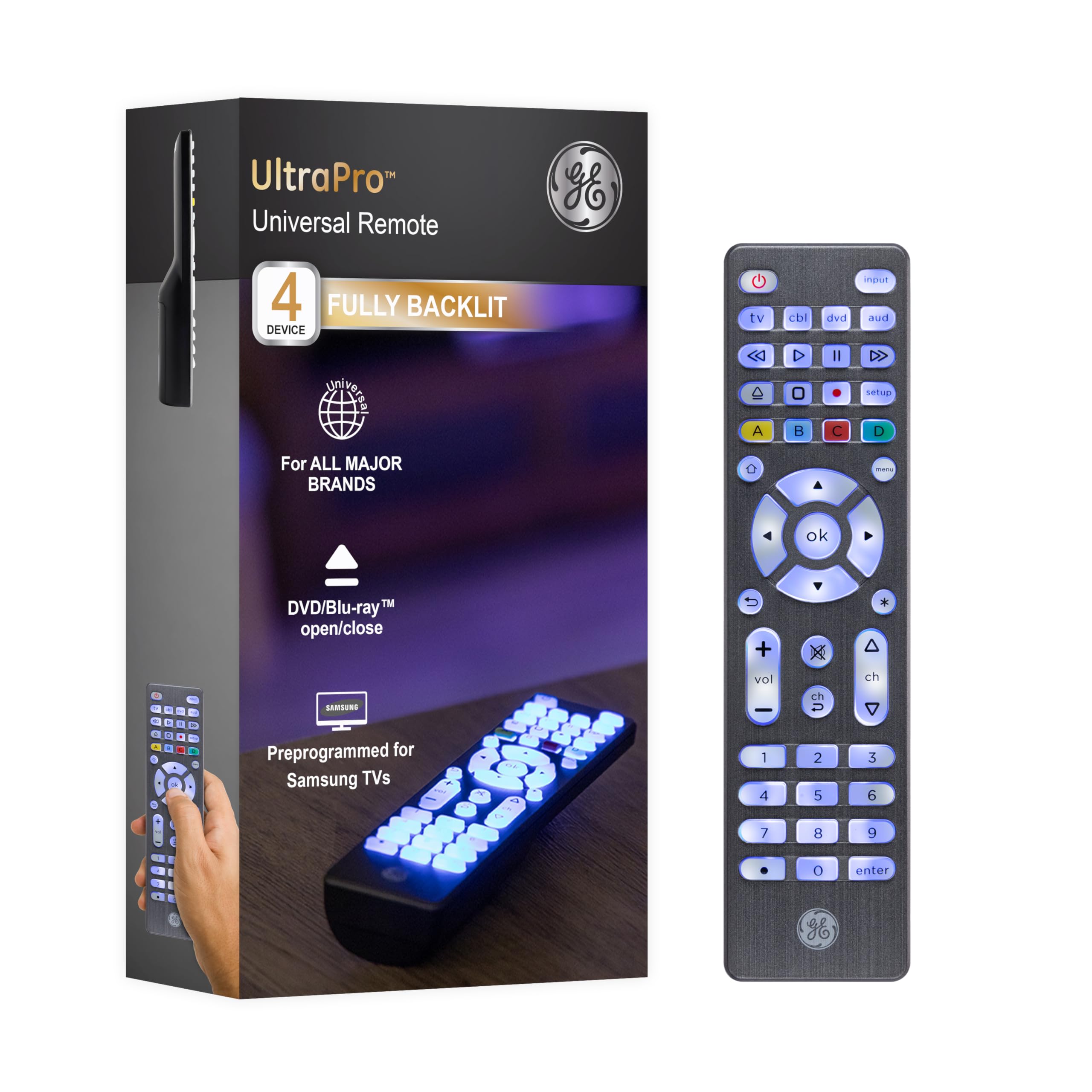 GE Backlit Buttons Universal Remote Control, Samsung TV Remote Control Replacement, Samsung Remote Control for Smart TV, Roku Remote Replacement, Vizio, LG TV, Sony, Apple TV, 4-Device, Graphite, 48848