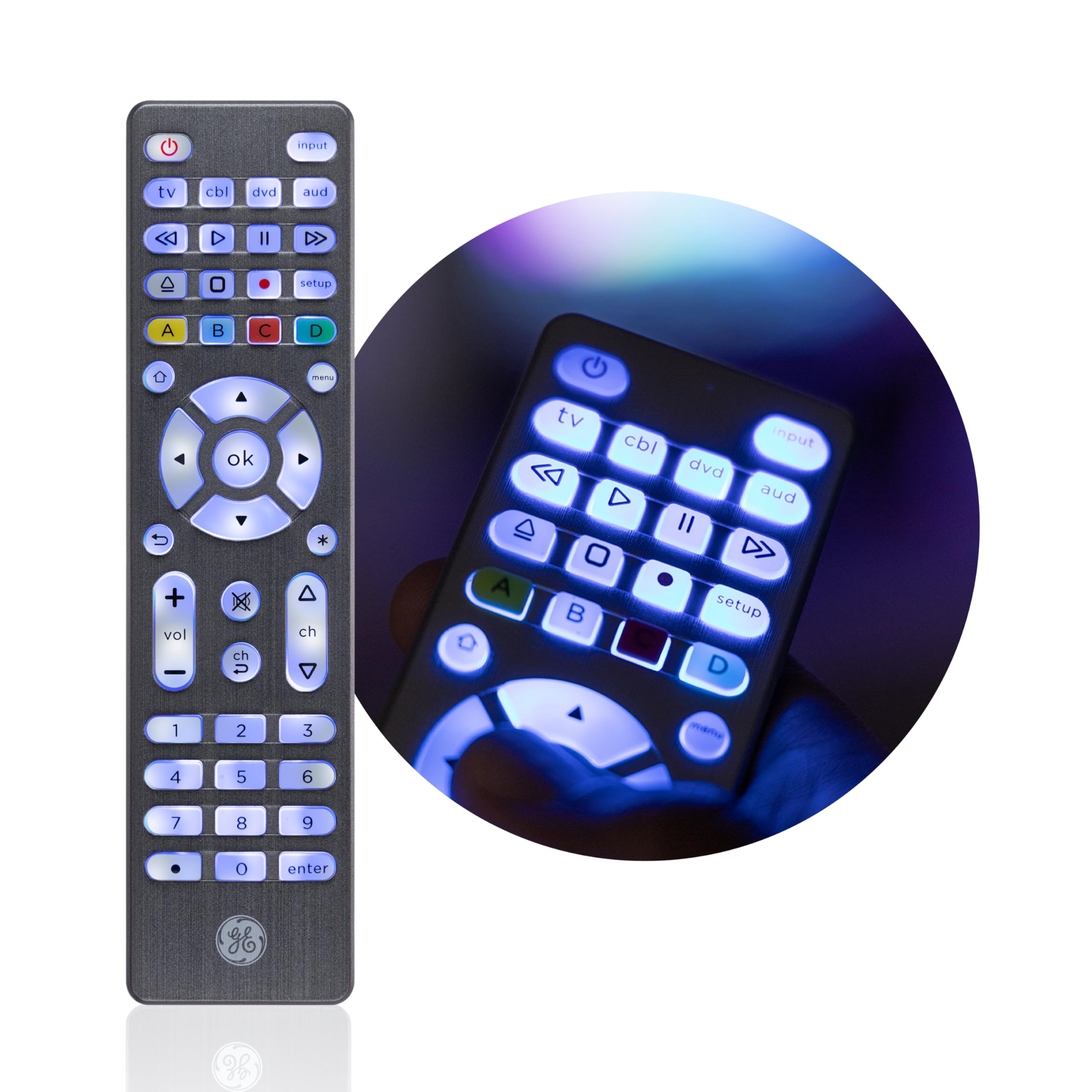 GE Backlit Buttons Universal Remote Control, Samsung TV Remote Control Replacement, Samsung Remote Control for Smart TV, Roku Remote Replacement, Vizio, LG TV, Sony, Apple TV, 4-Device, Graphite, 48848 - Image 2