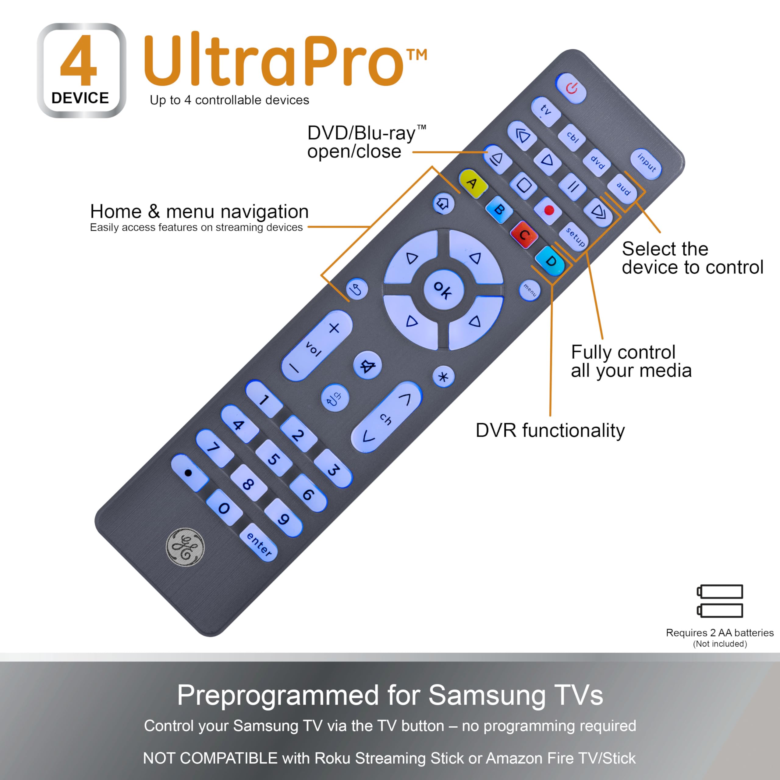 GE Backlit Buttons Universal Remote Control, Samsung TV Remote Control Replacement, Samsung Remote Control for Smart TV, Roku Remote Replacement, Vizio, LG TV, Sony, Apple TV, 4-Device, Graphite, 48848 - Image 3