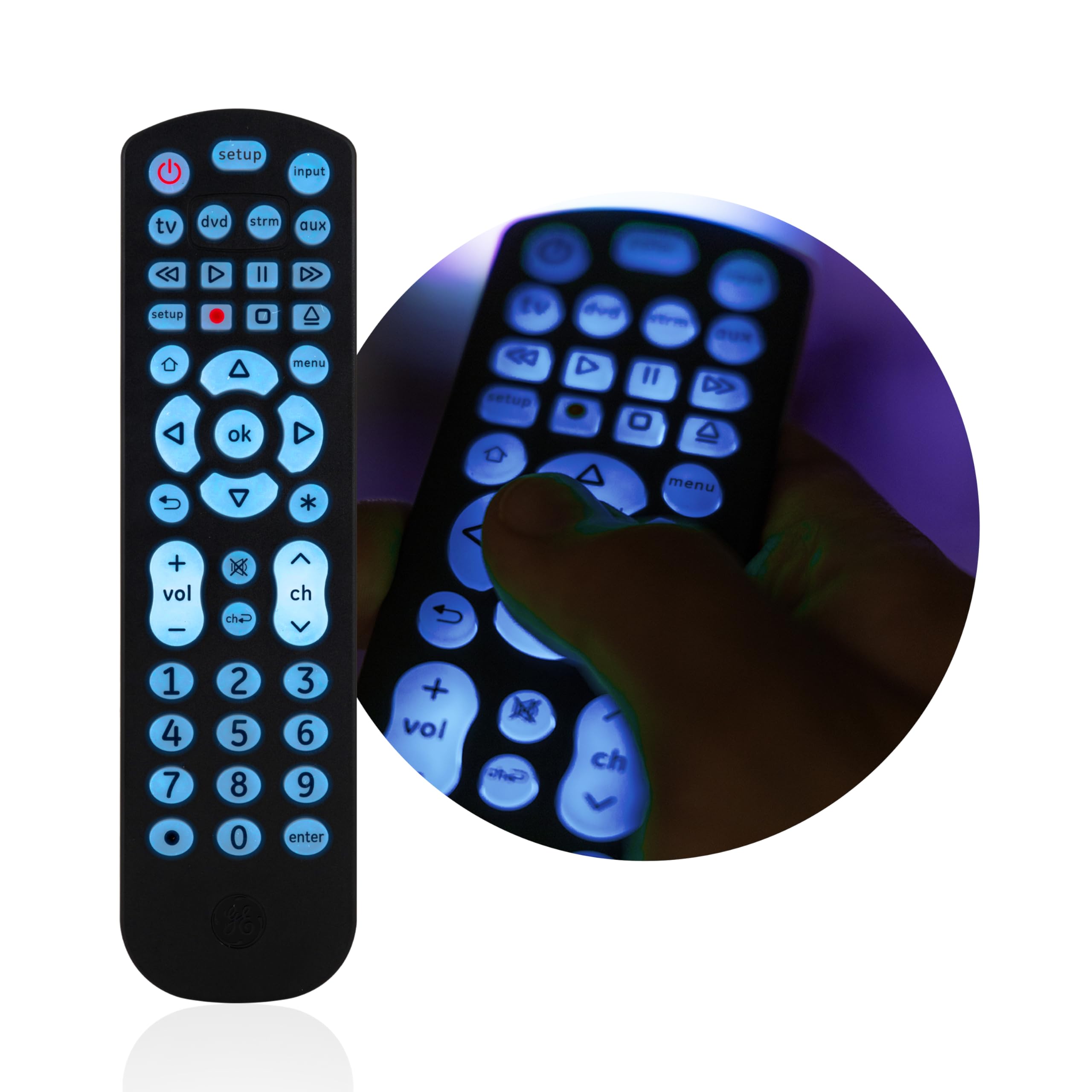GE Backlit Universal Remote Control for Samsung, Vizio, LG, Sony, Sharp, Roku, Apple TV, RCA, Panasonic, Smart TV, Streaming Players, Blu-Ray, DVD, 4-Device, Black, 40081 Black, Backlit - Image 2