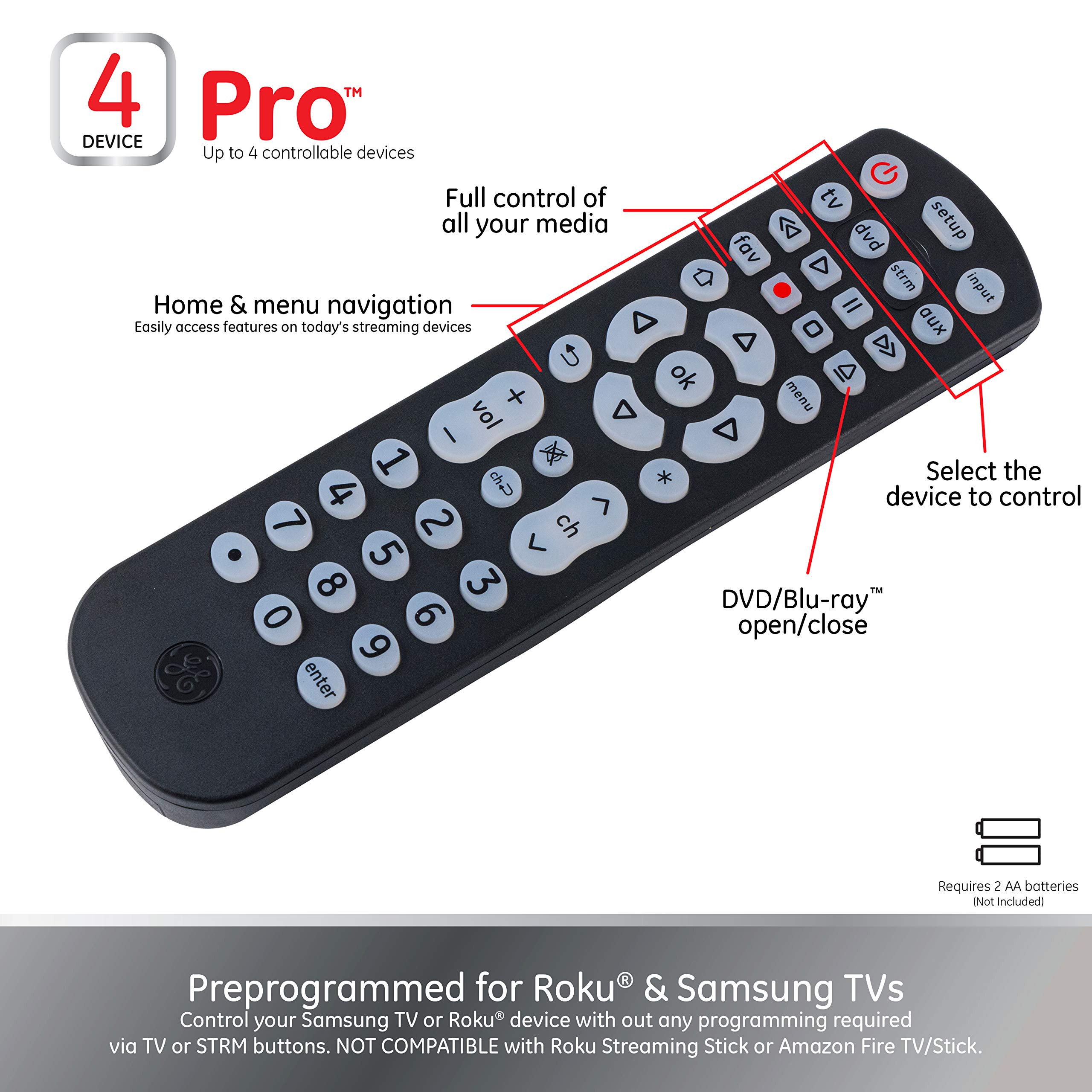 GE Backlit Universal Remote Control for Samsung, Vizio, LG, Sony, Sharp, Roku, Apple TV, RCA, Panasonic, Smart TV, Streaming Players, Blu-Ray, DVD, 4-Device, Black, 40081 Black, Backlit - Image 5