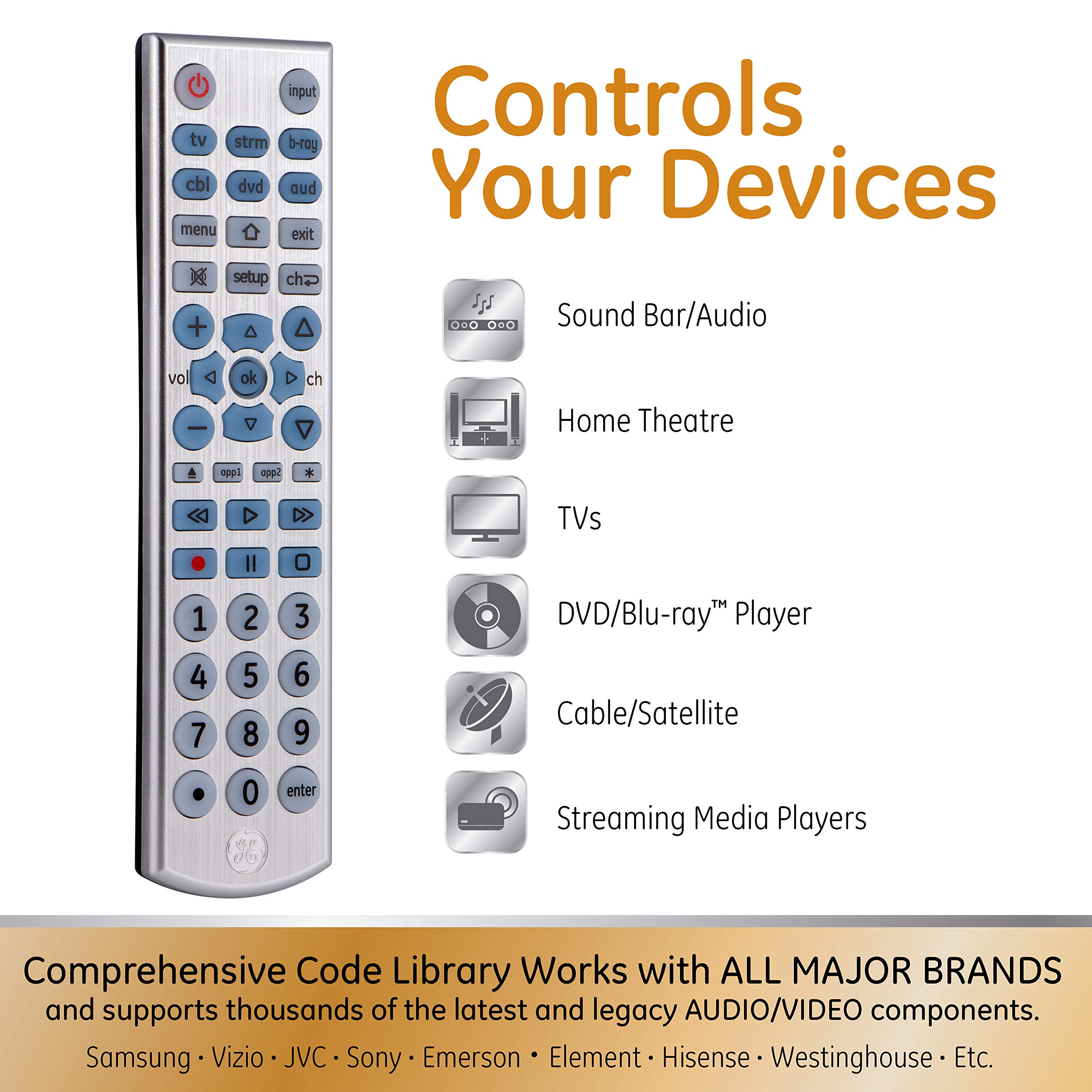 GE Big Button Backlit Universal Remote Control for Samsung, Vizio, Lg, Sony, Sharp, Roku, Apple TV, TCL, Panasonic, Smart TVs, Streaming Players, Blu-Ray, DVD, 6-Device, Silver, 33712 - Image 2