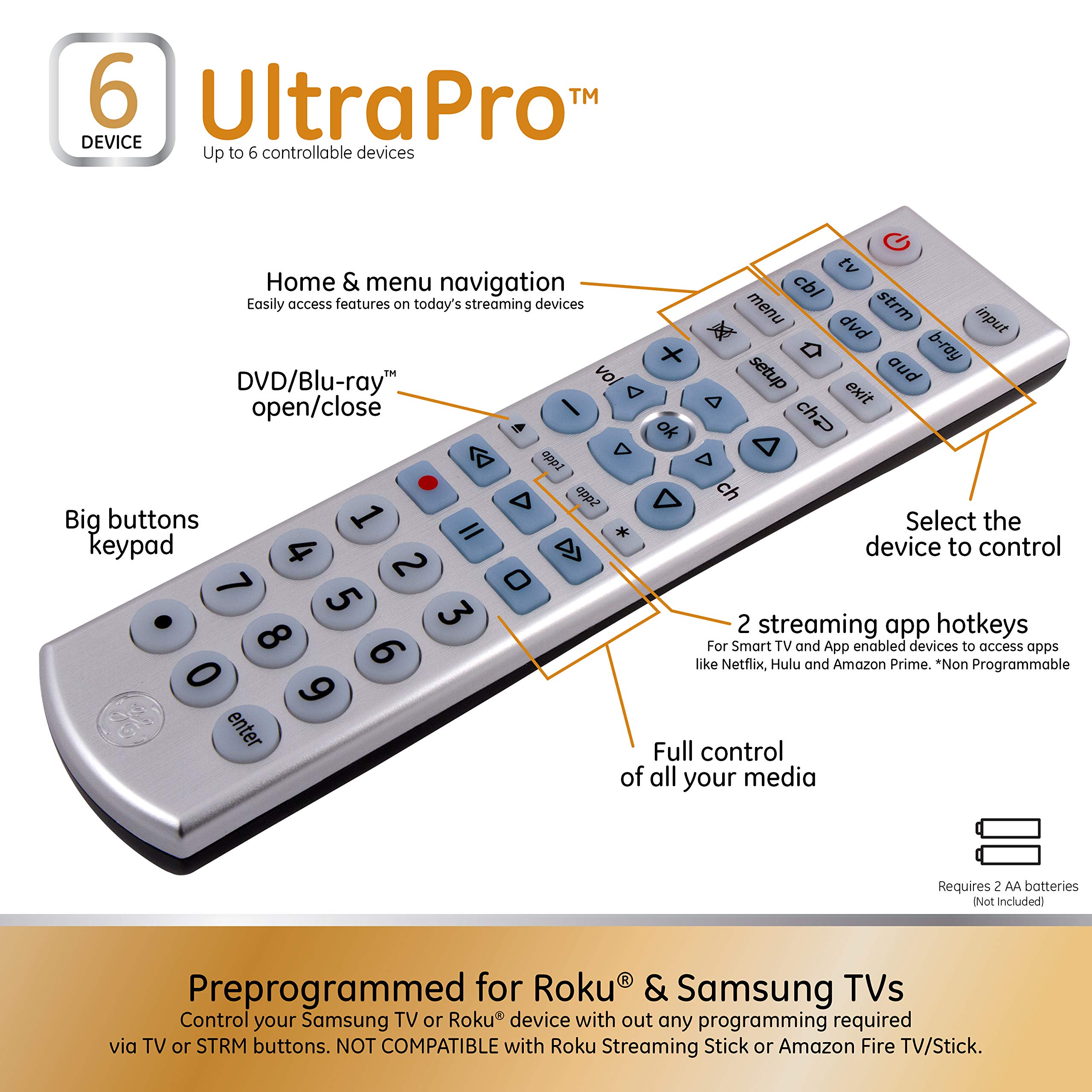 GE Big Button Backlit Universal Remote Control for Samsung, Vizio, Lg, Sony, Sharp, Roku, Apple TV, TCL, Panasonic, Smart TVs, Streaming Players, Blu-Ray, DVD, 6-Device, Silver, 33712 - Image 3