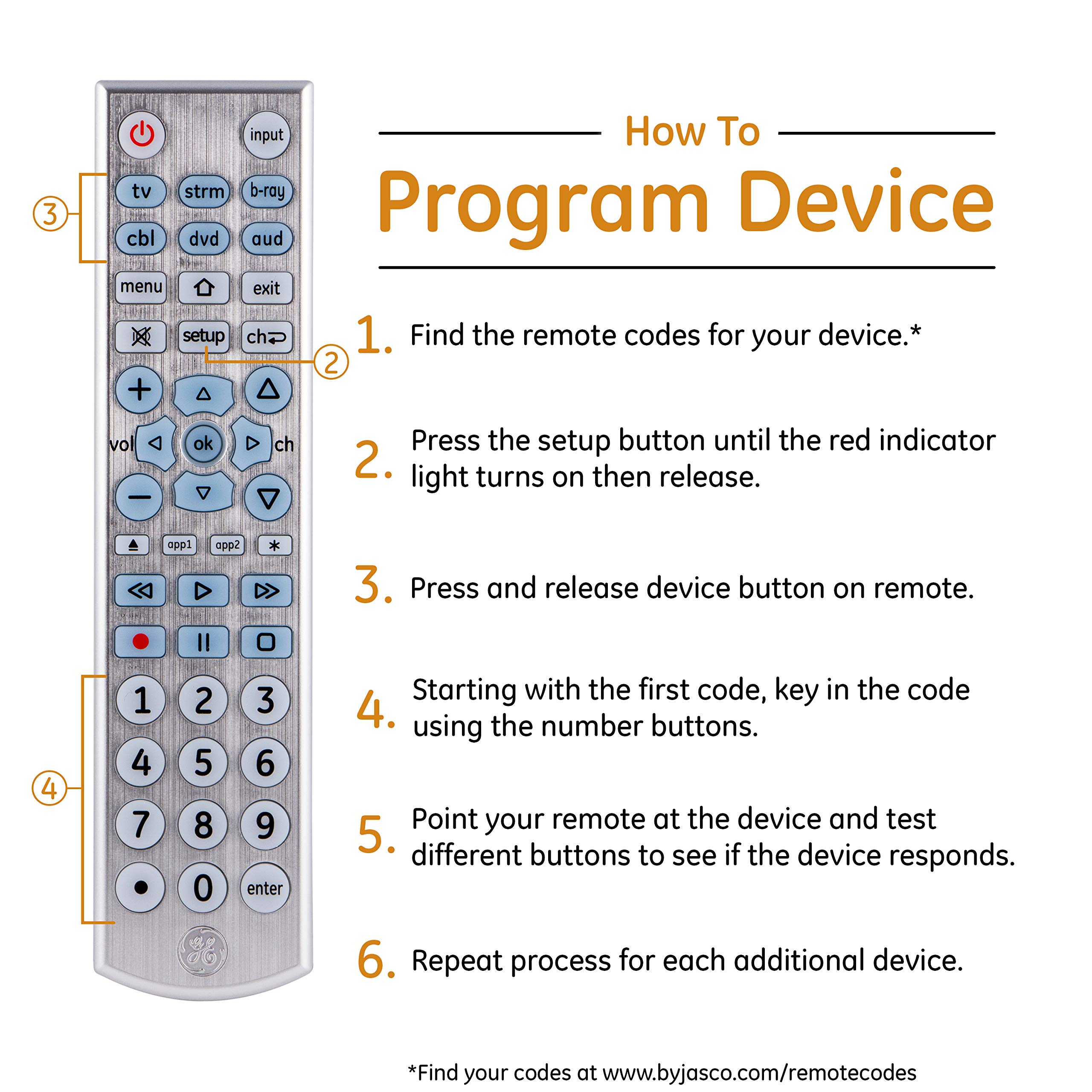 GE Big Button Backlit Universal Remote Control for Samsung, Vizio, Lg, Sony, Sharp, Roku, Apple TV, TCL, Panasonic, Smart TVs, Streaming Players, Blu-Ray, DVD, 6-Device, Silver, 33712 - Image 6