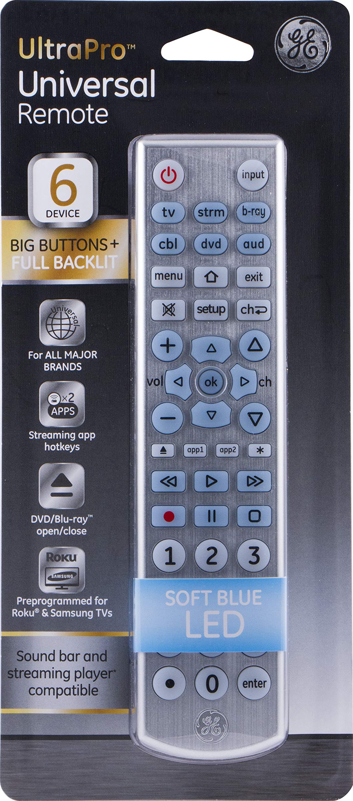 GE Big Button Backlit Universal Remote Control for Samsung, Vizio, Lg, Sony, Sharp, Roku, Apple TV, TCL, Panasonic, Smart TVs, Streaming Players, Blu-Ray, DVD, 6-Device, Silver, 33712 - Image 8
