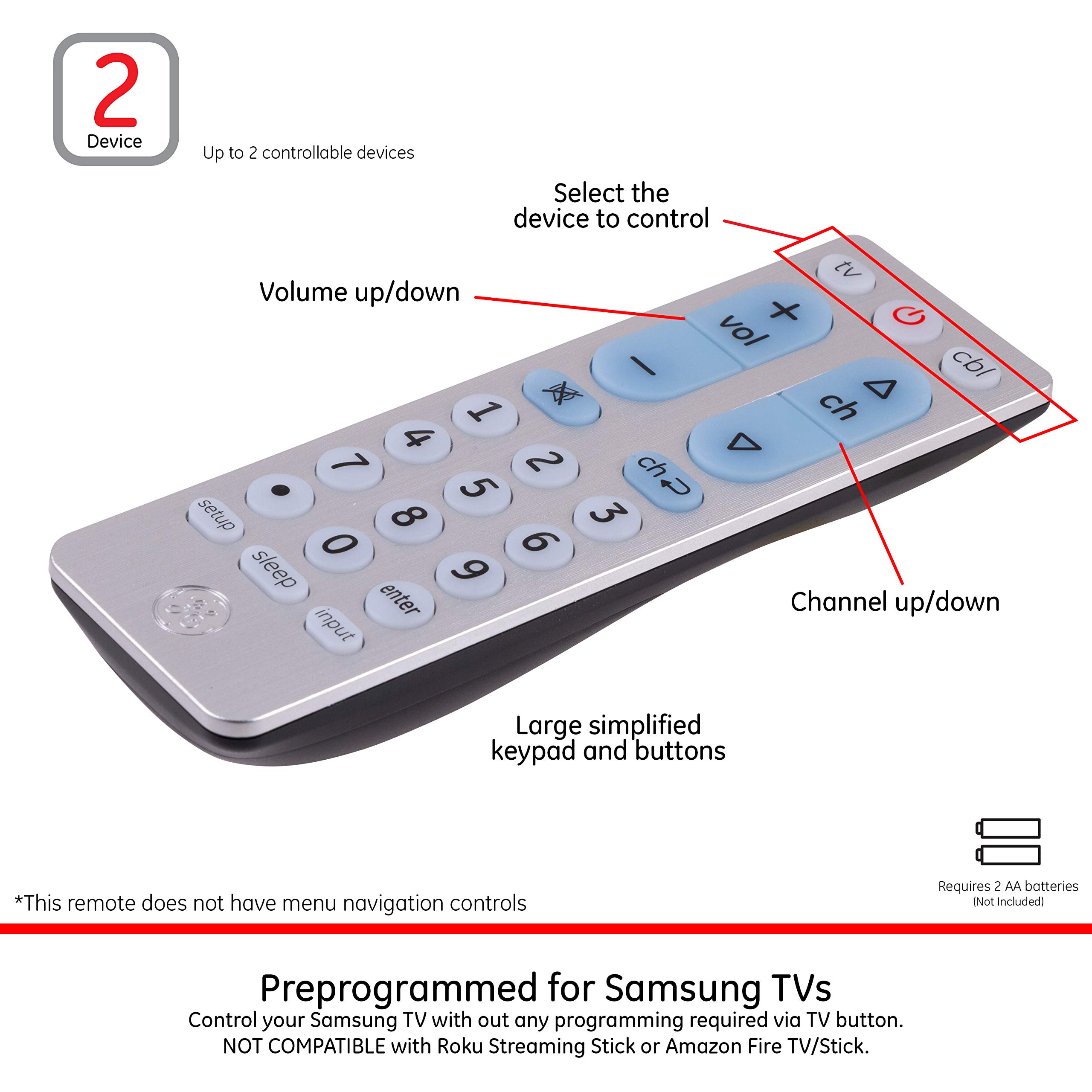 GE Big Button Universal Remote Control for Samsung, Vizio, Lg, Sony, Sharp, Roku, Apple TV, TCL, Panasonic, Smart TVs, Streaming Players, Blu-Ray, DVD, 2-Device, Silver, 33701 - Image 3
