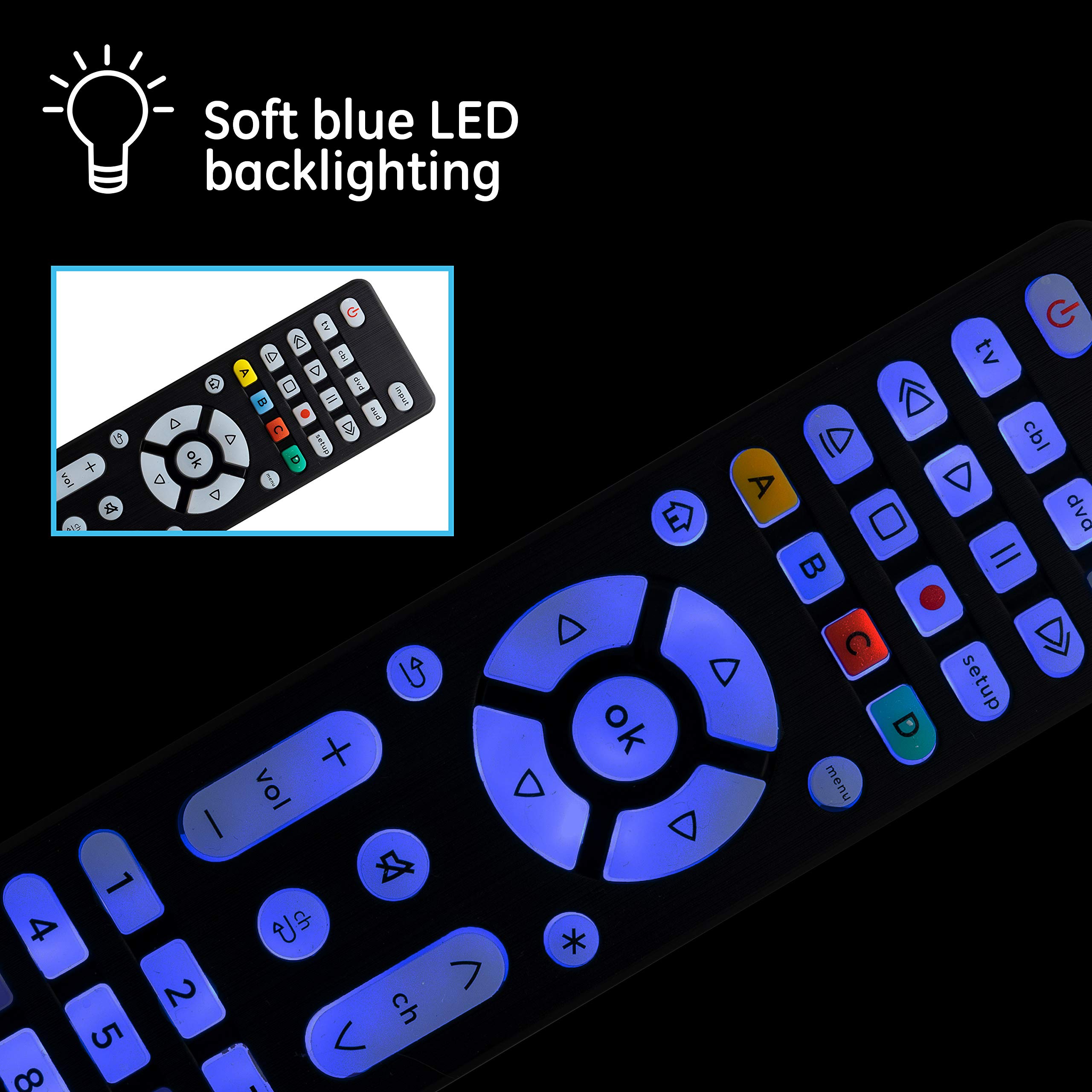 GE Blue Backlit Buttons Universal Remote Control, Samsung TV Remote Control Replacement, Samsung Remote Control for Smart TV, Roku Remote Replacement, Vizio, LG TV, Sony, 4-Device, Brushed Black 48843 - Image 2