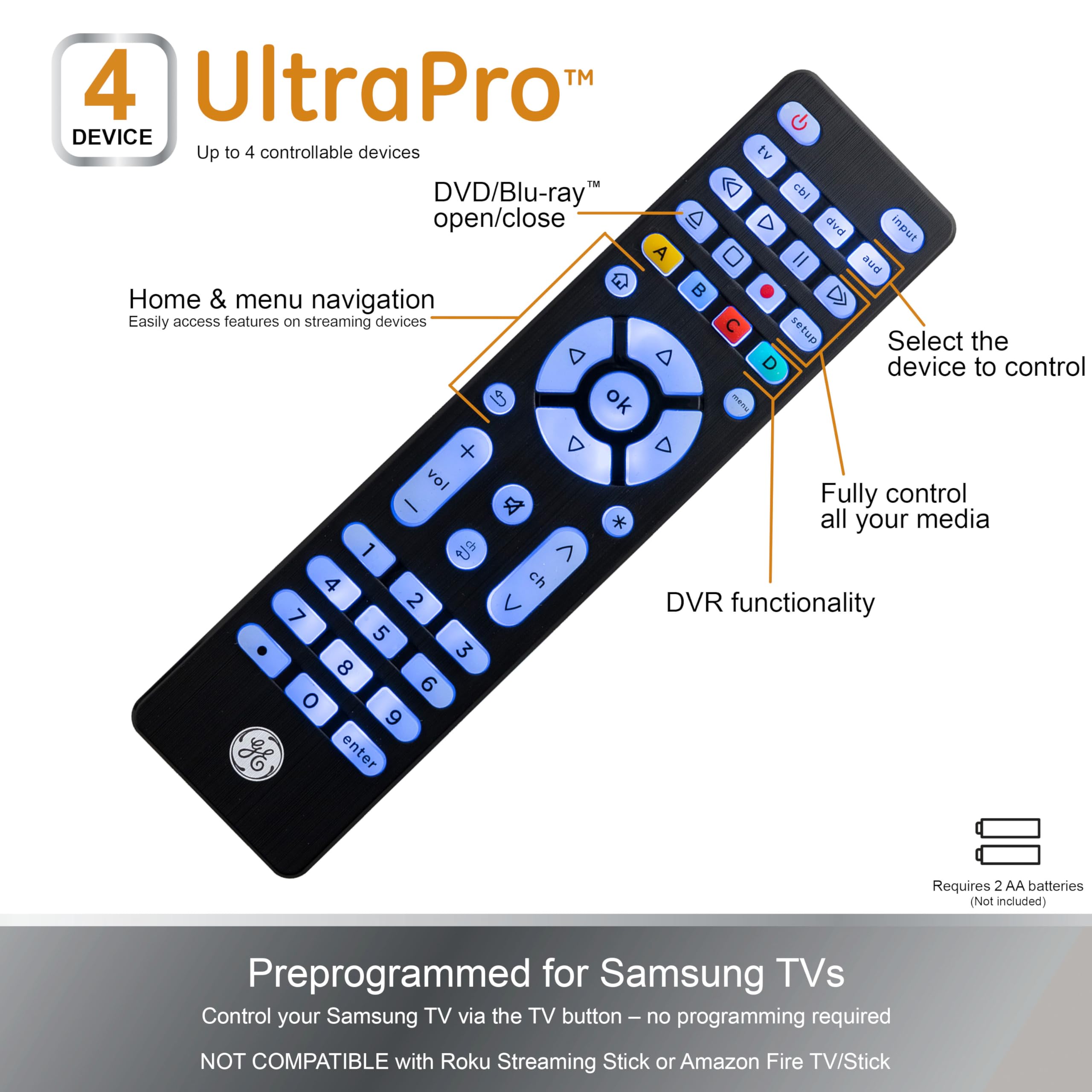 GE Blue Backlit Buttons Universal Remote Control, Samsung TV Remote Control Replacement, Samsung Remote Control for Smart TV, Roku Remote Replacement, Vizio, LG TV, Sony, 4-Device, Brushed Black 48843 - Image 3