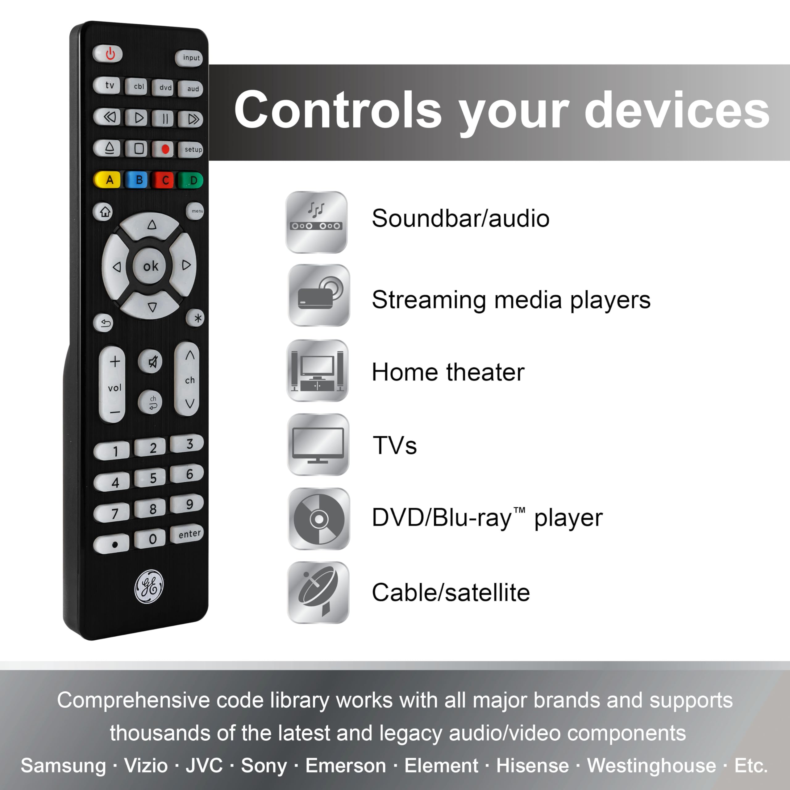 GE Blue Backlit Buttons Universal Remote Control, Samsung TV Remote Control Replacement, Samsung Remote Control for Smart TV, Roku Remote Replacement, Vizio, LG TV, Sony, 4-Device, Brushed Black 48843 - Image 4