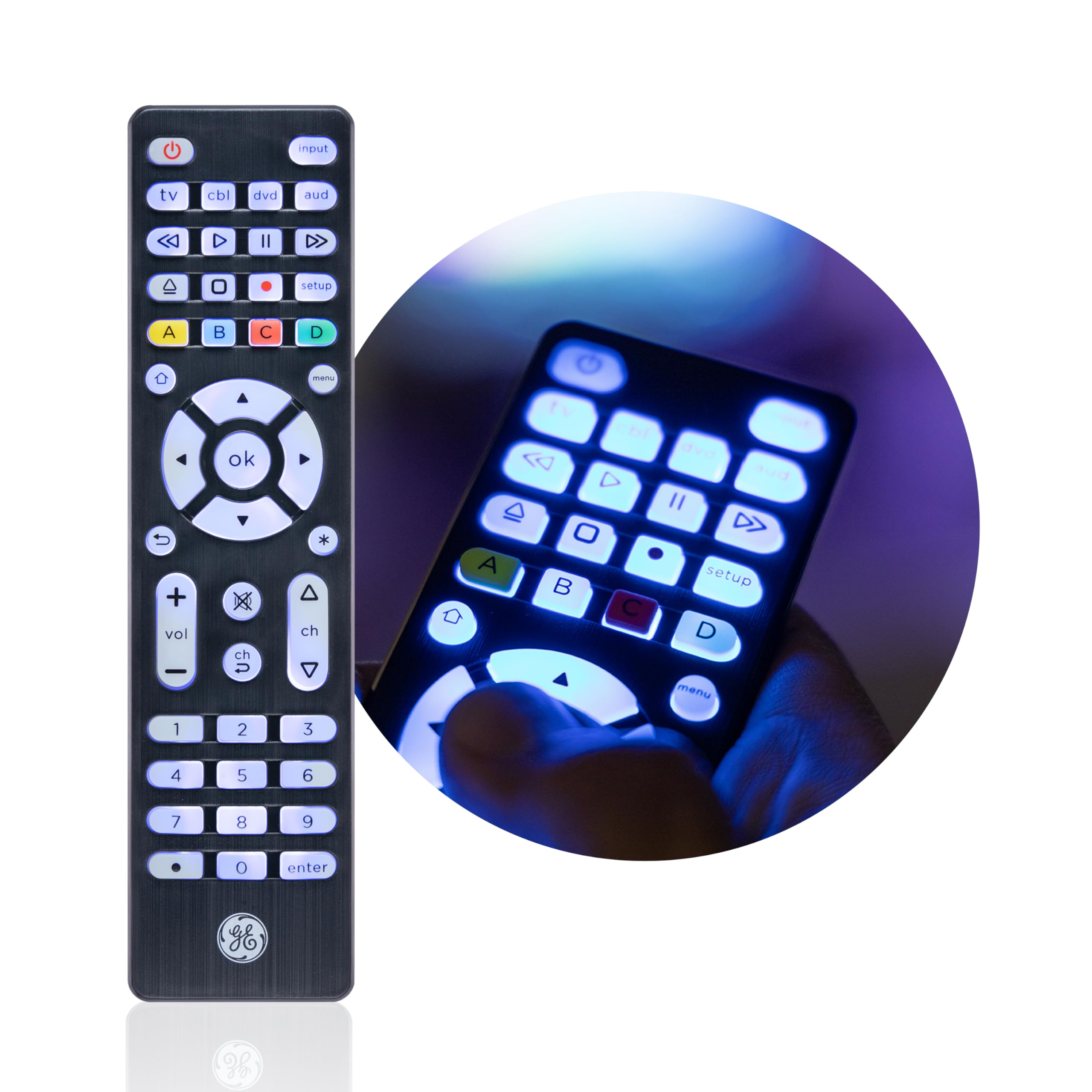 GE Blue Backlit Buttons Universal Remote Control, Samsung TV Remote Control Replacement, Samsung Remote Control for Smart TV, Roku Remote Replacement, Vizio, LG TV, Sony, 4-Device, Brushed Black 48843 - Image 6