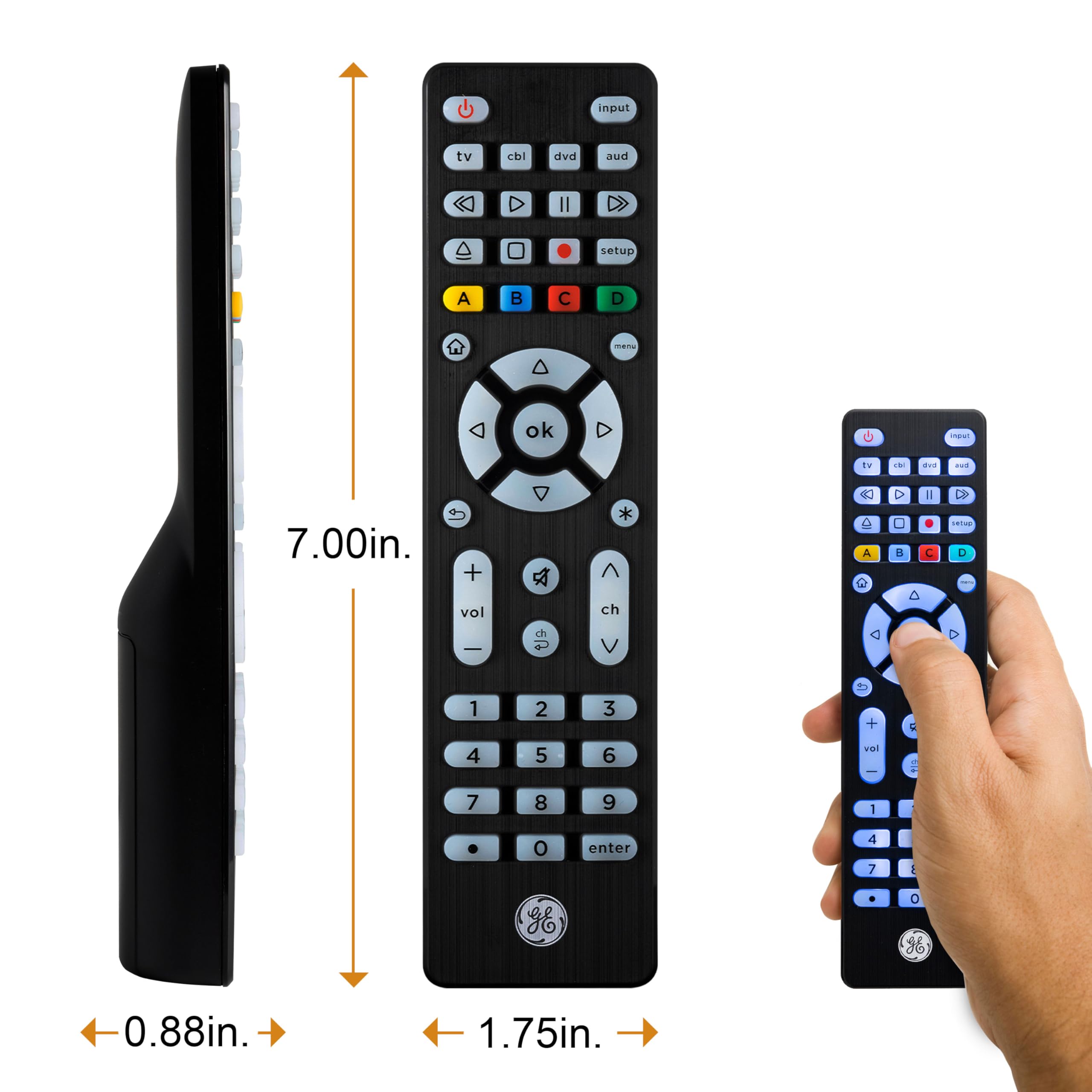 GE Blue Backlit Buttons Universal Remote Control, Samsung TV Remote Control Replacement, Samsung Remote Control for Smart TV, Roku Remote Replacement, Vizio, LG TV, Sony, 4-Device, Brushed Black 48843 - Image 7