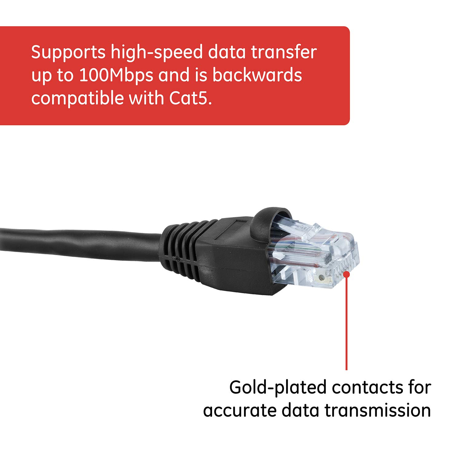 GE Cat5E Ethernet Cable, 12ft Ethernet Cable, Up to 100Mbps, Rated 100 Mhz, UTP, for High Speed Internet Devices, Streaming Devices, Routers, RJ45 Connectors, for Home or Office, Black, 33591 - Image 6