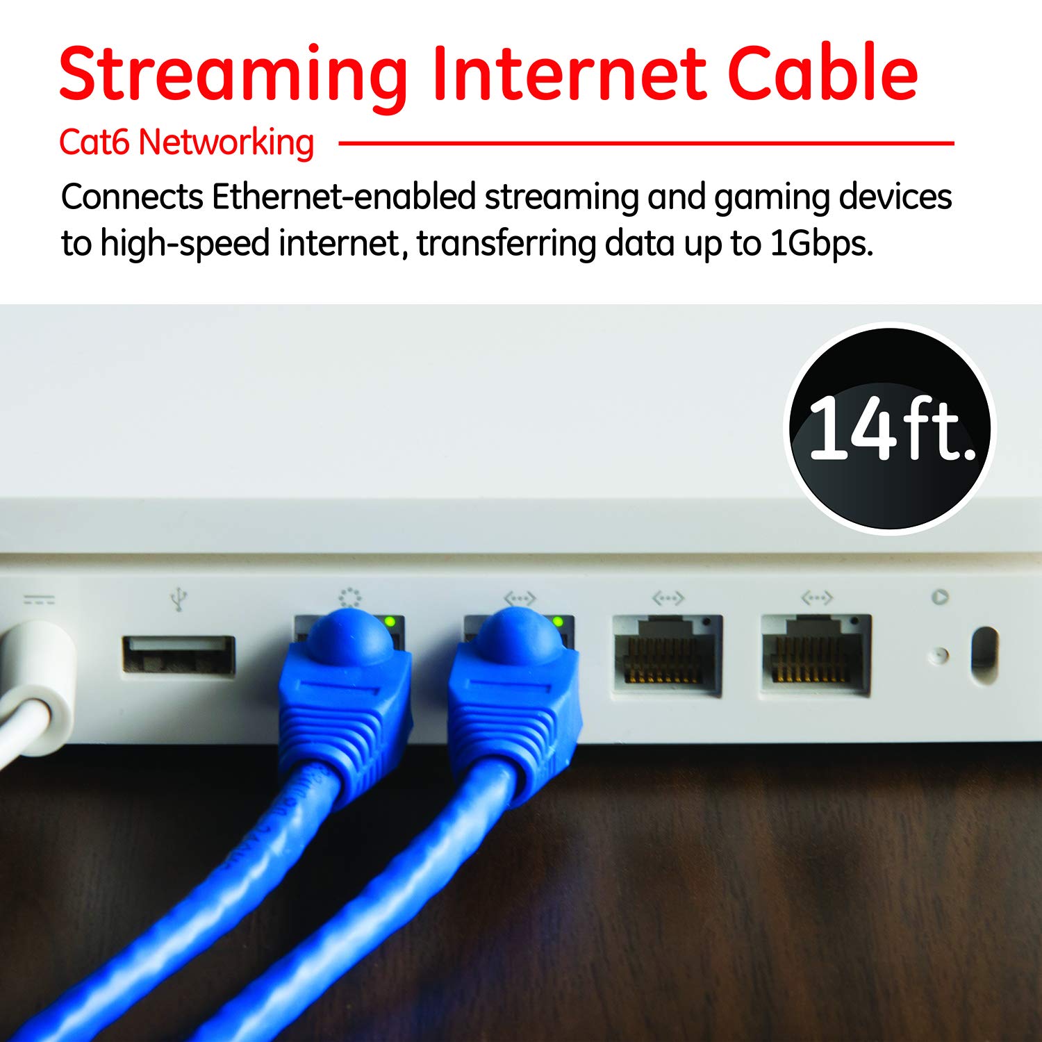 GE Cat6 Ethernet Cable, 14ft Ethernet Cable, Up to 1Gbps, Rated 250 Mhz, UTP, for High Speed Internet Devices, Streaming Devices, Routers, RJ45 Connectors, for Home or Office, Blue, 35287 - Image 2