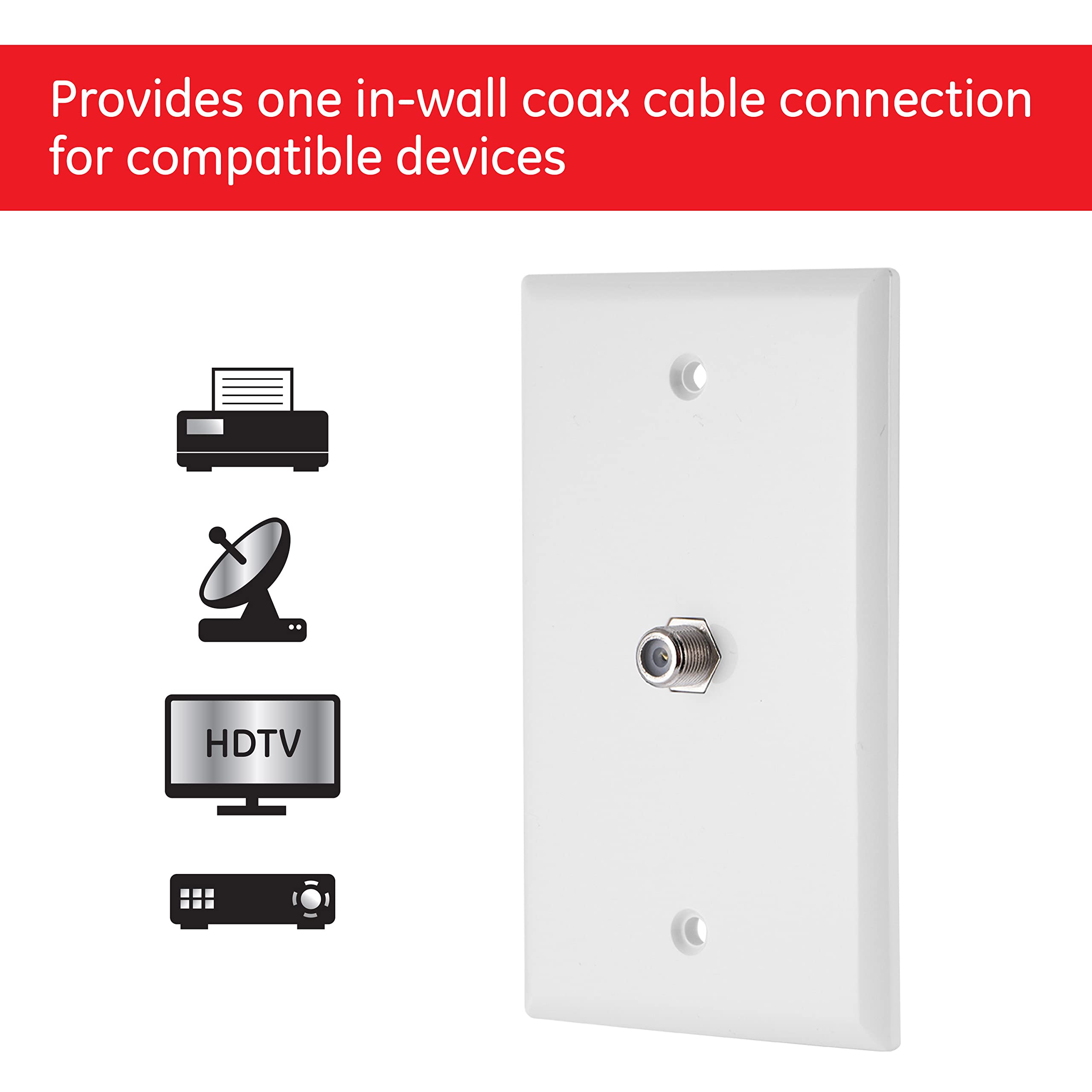 GE Coax Plate, 1-Port, One Wall Mounted F-Type Connection for Coaxial Cable, Screws Included, Single Gang, White, 40050 - Image 2