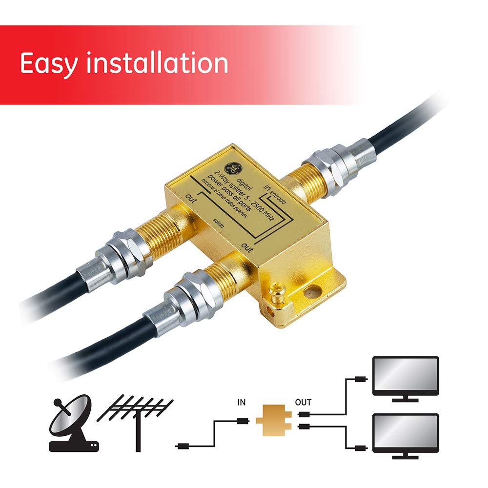 GE Digital 2-Way Coaxial Cable Splitter, 2.5 GHz 5-2500 MHz, RG6 Compatible, Works with HD TV, Satellite, High Speed Internet, Amplifier, Antenna, Gold Plated Connectors, Corrosion Resistant, 33526 - Image 2