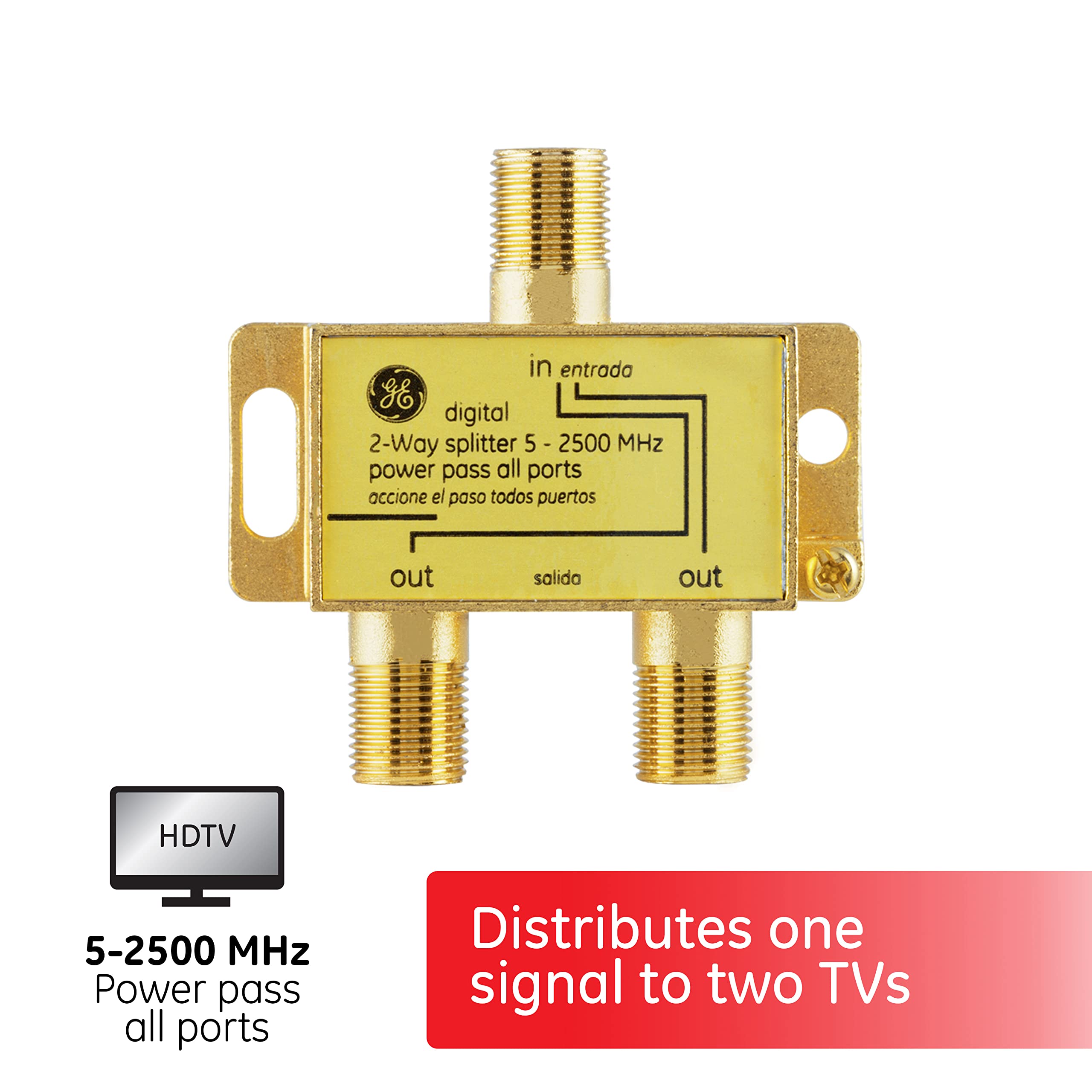 GE Digital 2-Way Coaxial Cable Splitter, 2.5 GHz 5-2500 MHz, RG6 Compatible, Works with HD TV, Satellite, High Speed Internet, Amplifier, Antenna, Gold Plated Connectors, Corrosion Resistant, 33526 - Image 7