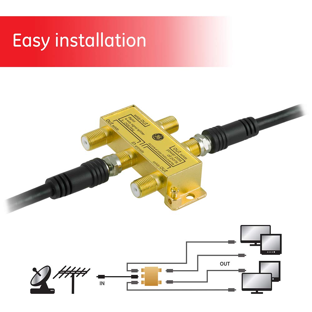 GE Digital 4-Way Coaxial Cable Splitter, 2.5 GHz 5-2500 MHz, RG6 Compatible, Works with HD TV, Satellite, High Speed Internet, Amplifier, Antenna, Gold Plated Connectors, Corrosion Resistant, 33527 - Image 2