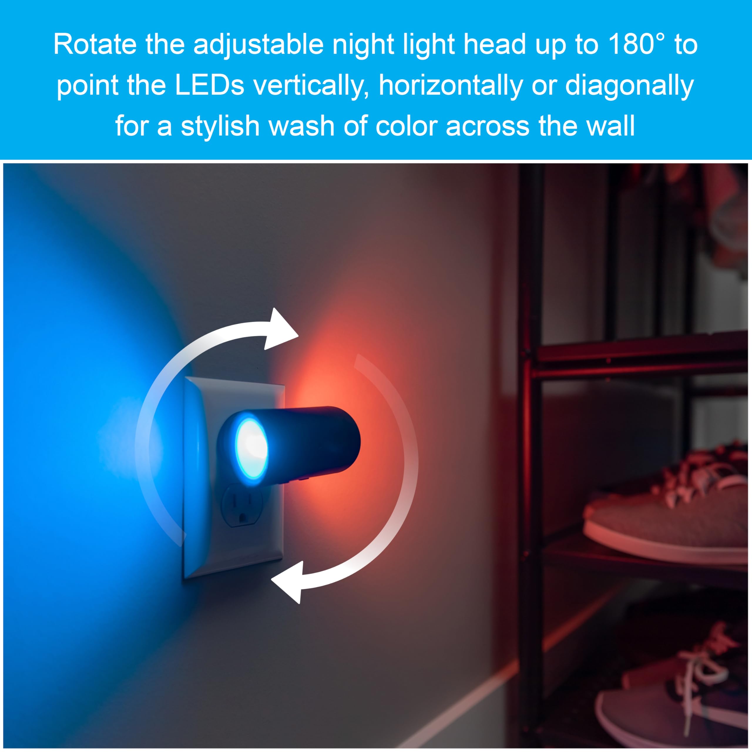 GE Directional LED Swivel Sconce Night Light, Plug-in, Color-Changing & Dimmable, Warm White, Dusk-to-Dawn Sensor, Adjustable for Hallway, Bedroom, Stairway – 1 Pack (82573) - Image 3