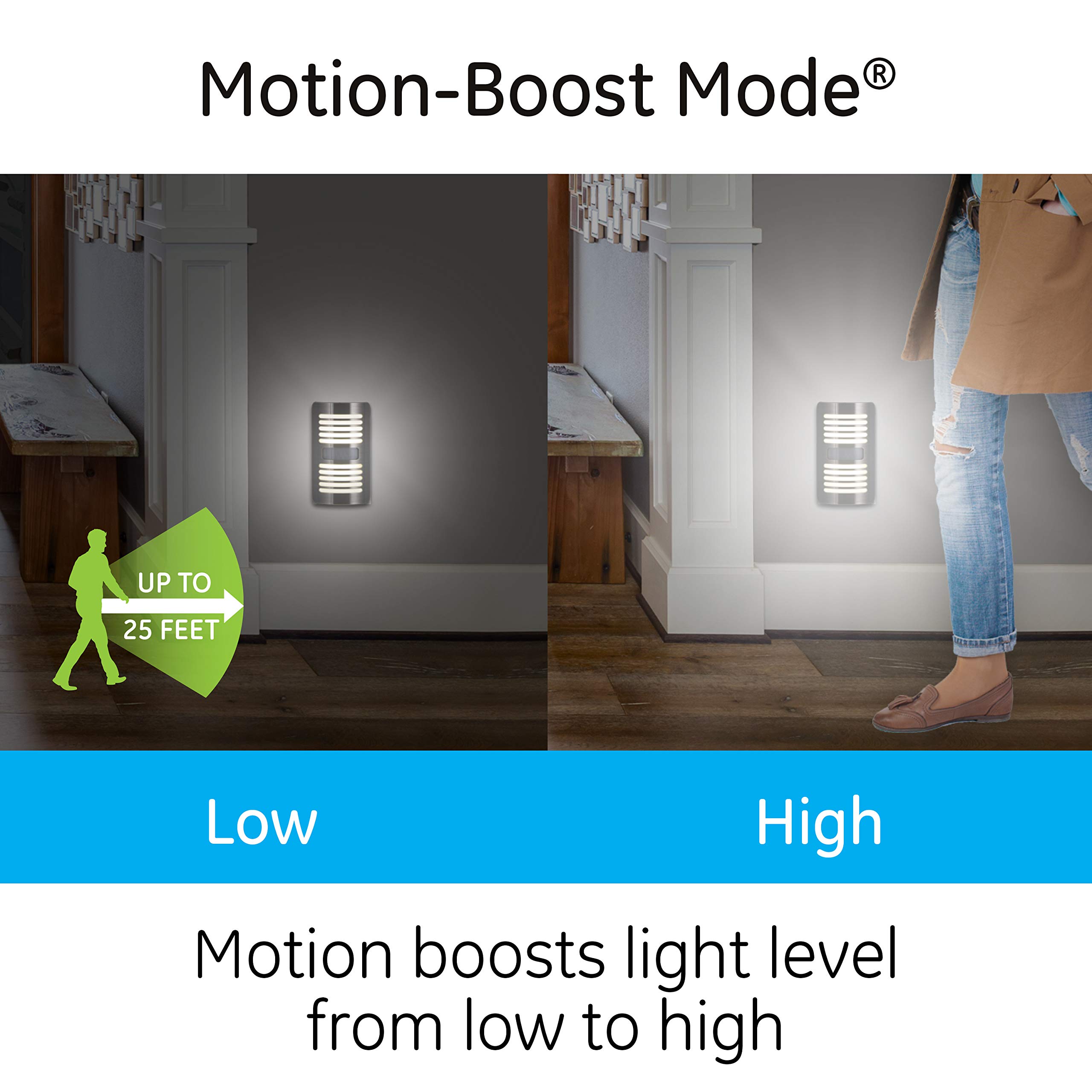 GE Enbrighten LED Motion Sensor Night Light, Plug-in, 40 Lumens, Motion-Select with 25ft Detection, Dusk-to-Dawn, Brushed Nickel Louver – 37299 (1 Pack) - Image 3