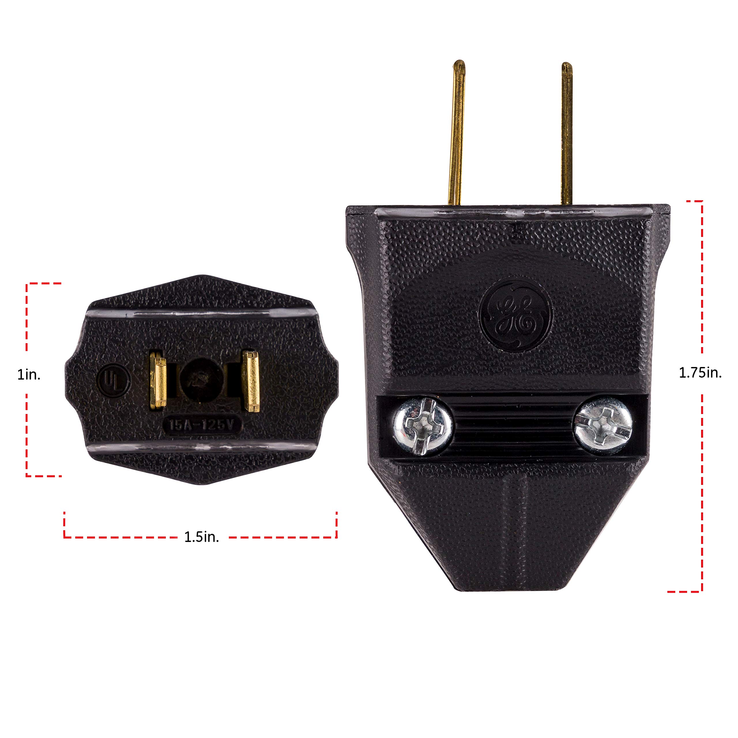 GE Extension Cord Plug Replacement, Polarized, 2 Prong, 125VAC/15A, Ideal for Small Appliances Such as Power Strips and Lamps, Great for DIY Projects, UL Listed, Black, 54268 - Image 2