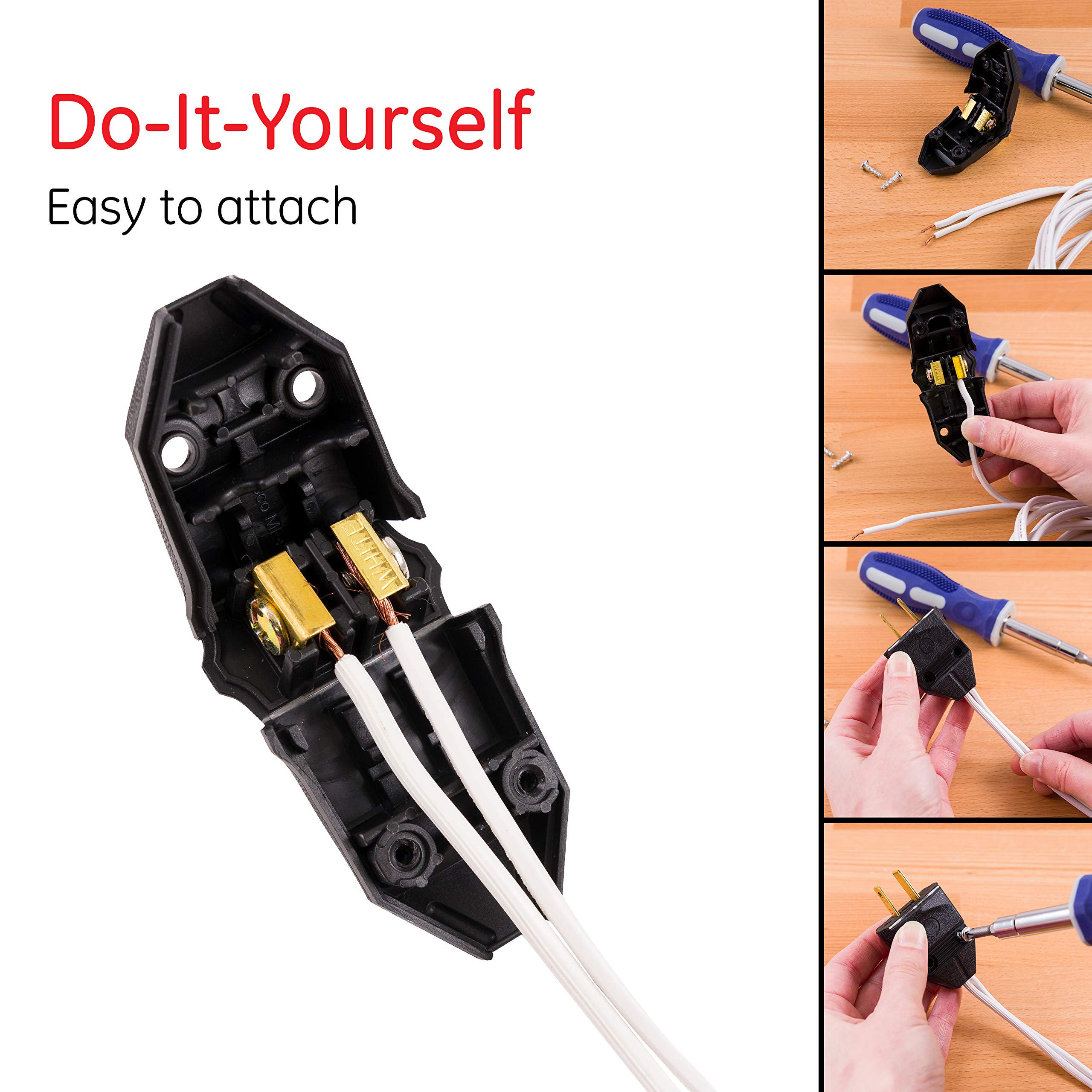 GE Extension Cord Plug Replacement, Polarized, 2 Prong, 125VAC/15A, Ideal for Small Appliances Such as Power Strips and Lamps, Great for DIY Projects, UL Listed, Black, 54268 - Image 3