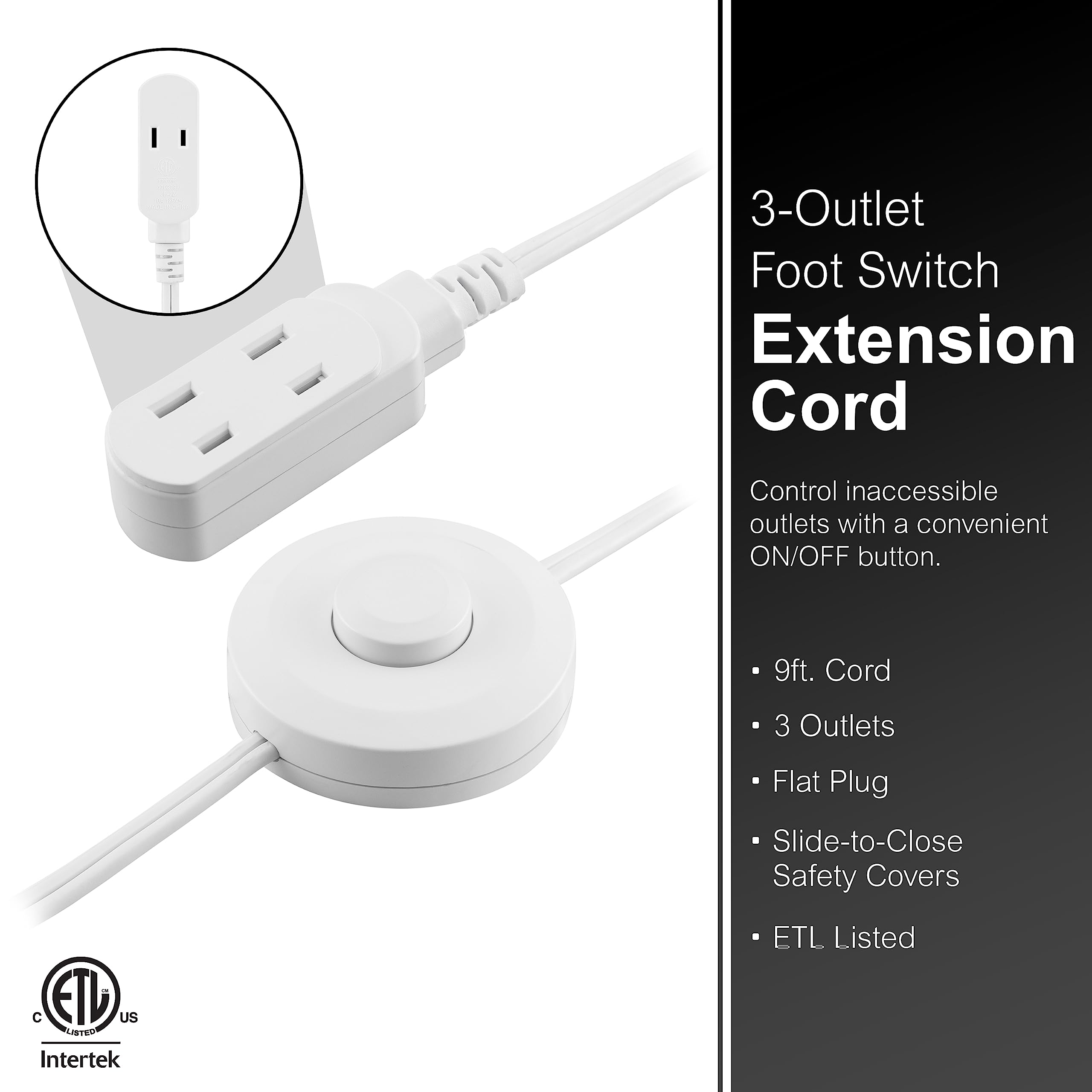 GE Extension Cord with Footswitch 3 Outlet Extension Cord with Multiple Outlets with On Off Switch Perfect for Work from Home Essentials 9ft Power Cord 16 Gauge UL Listed White 42803 - Image 2