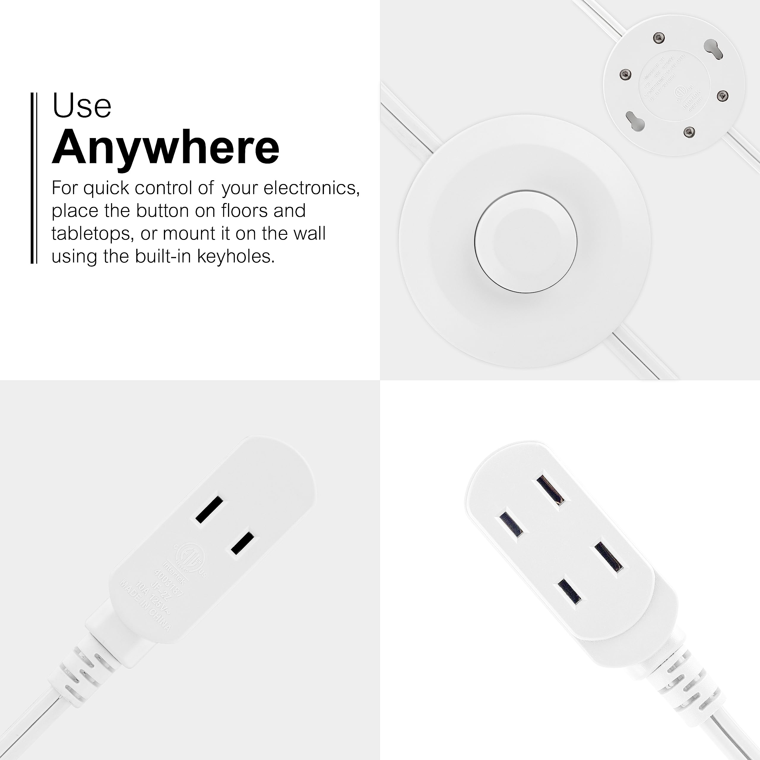 GE Extension Cord with Footswitch 3 Outlet Extension Cord with Multiple Outlets with On Off Switch Perfect for Work from Home Essentials 9ft Power Cord 16 Gauge UL Listed White 42803 - Image 4