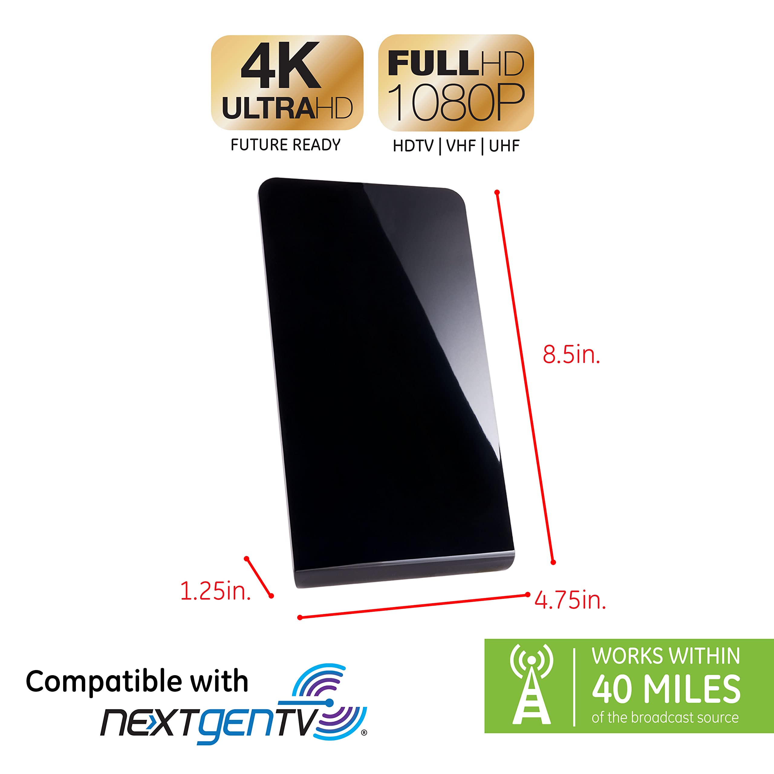 GE Flat Panel Indoor HD Digital TV Antenna, Long Range Smart TV Antenna, Supports 4K 1080P HD Smart TV VHF UHF, Extendable Dipole Rabbit Ears, Adjustable Stand, 5ft Coax HDTV Cable, 33681 - Image 3