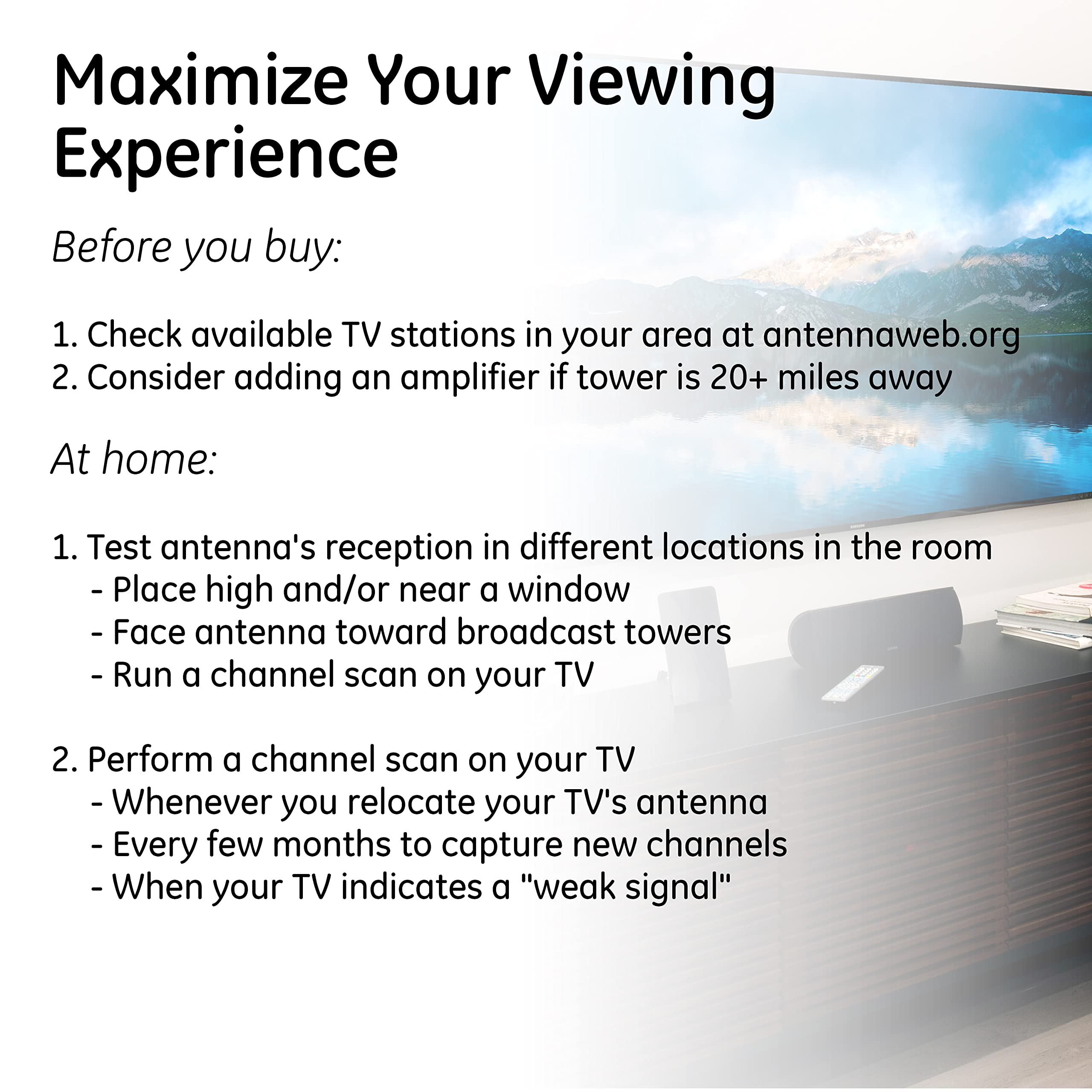 GE Flat Panel Indoor HD Digital TV Antenna, Long Range Smart TV Antenna, Supports 4K 1080P HD Smart TV VHF UHF, Extendable Dipole Rabbit Ears, Adjustable Stand, 5ft Coax HDTV Cable, 33681 - Image 7
