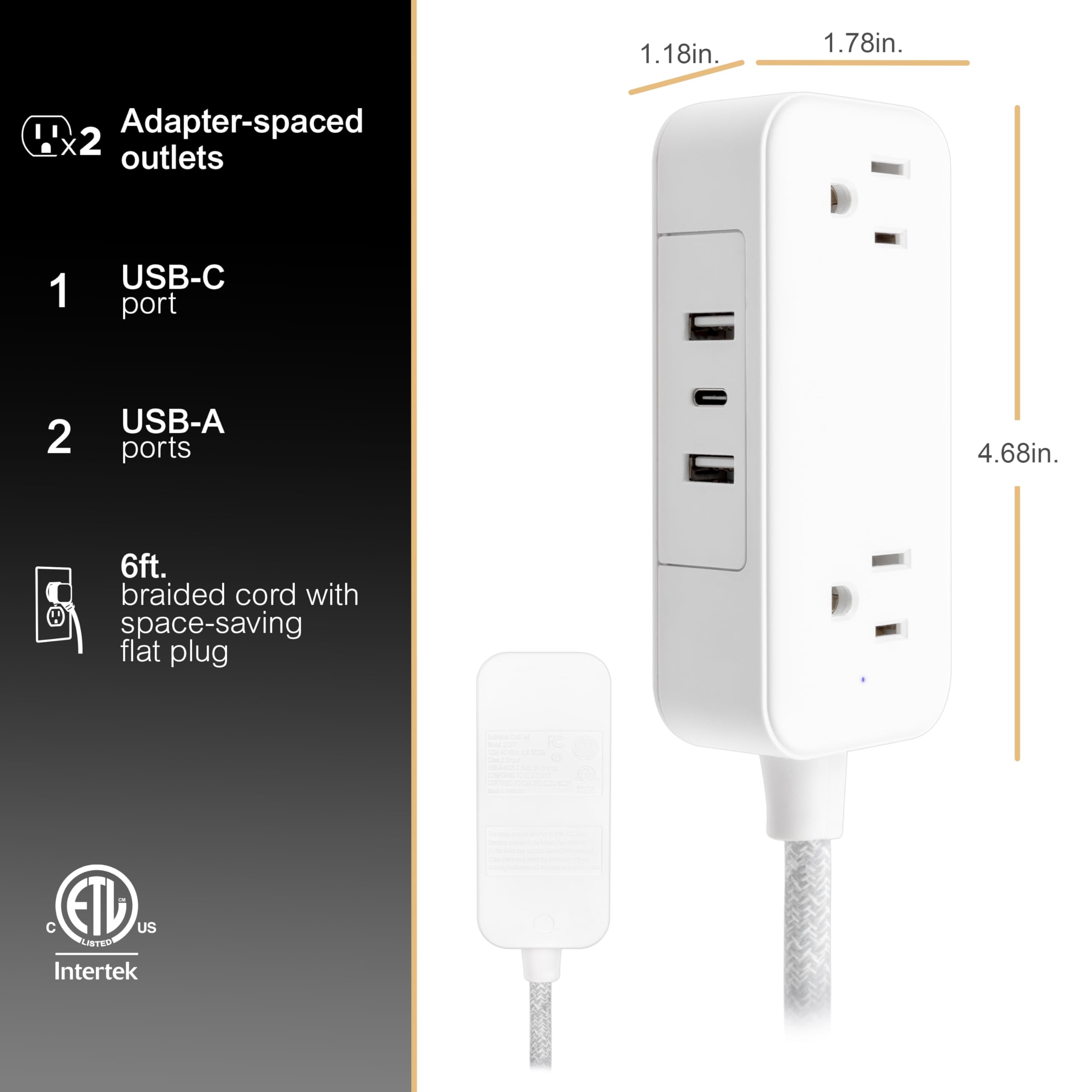GE Flat Plug Power Strip Extension Cord with USB Ports, Travel Power Strip with 2 Outlets 3 USB Ports, Cruise Ship Essentials, 6 Ft Braided Small Extension Cord Flat Wall Plug, ETL Listed White, 81597 - Image 3