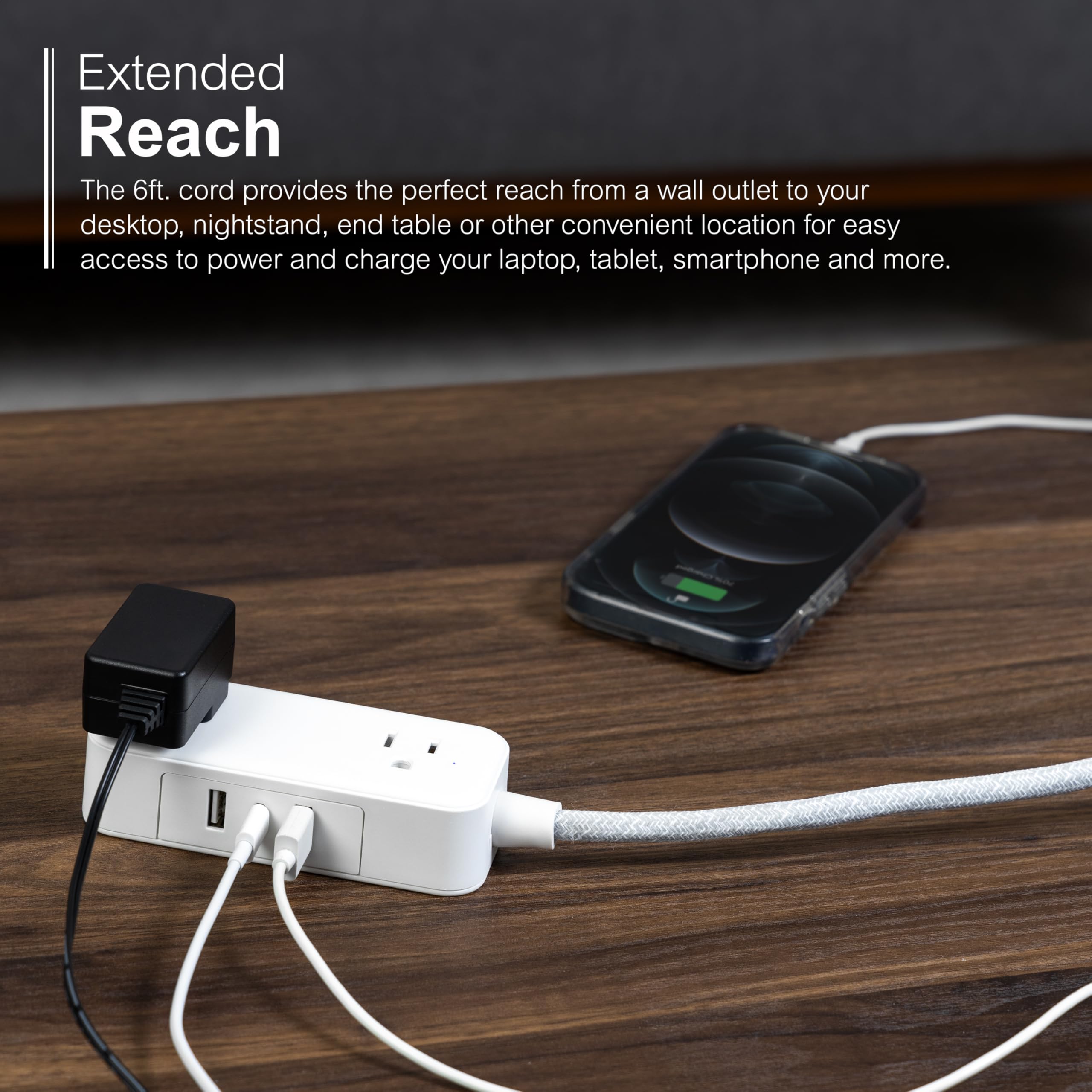 GE Flat Plug Power Strip Extension Cord with USB Ports, Travel Power Strip with 2 Outlets 3 USB Ports, Cruise Ship Essentials, 6 Ft Braided Small Extension Cord Flat Wall Plug, ETL Listed White, 81597 - Image 4