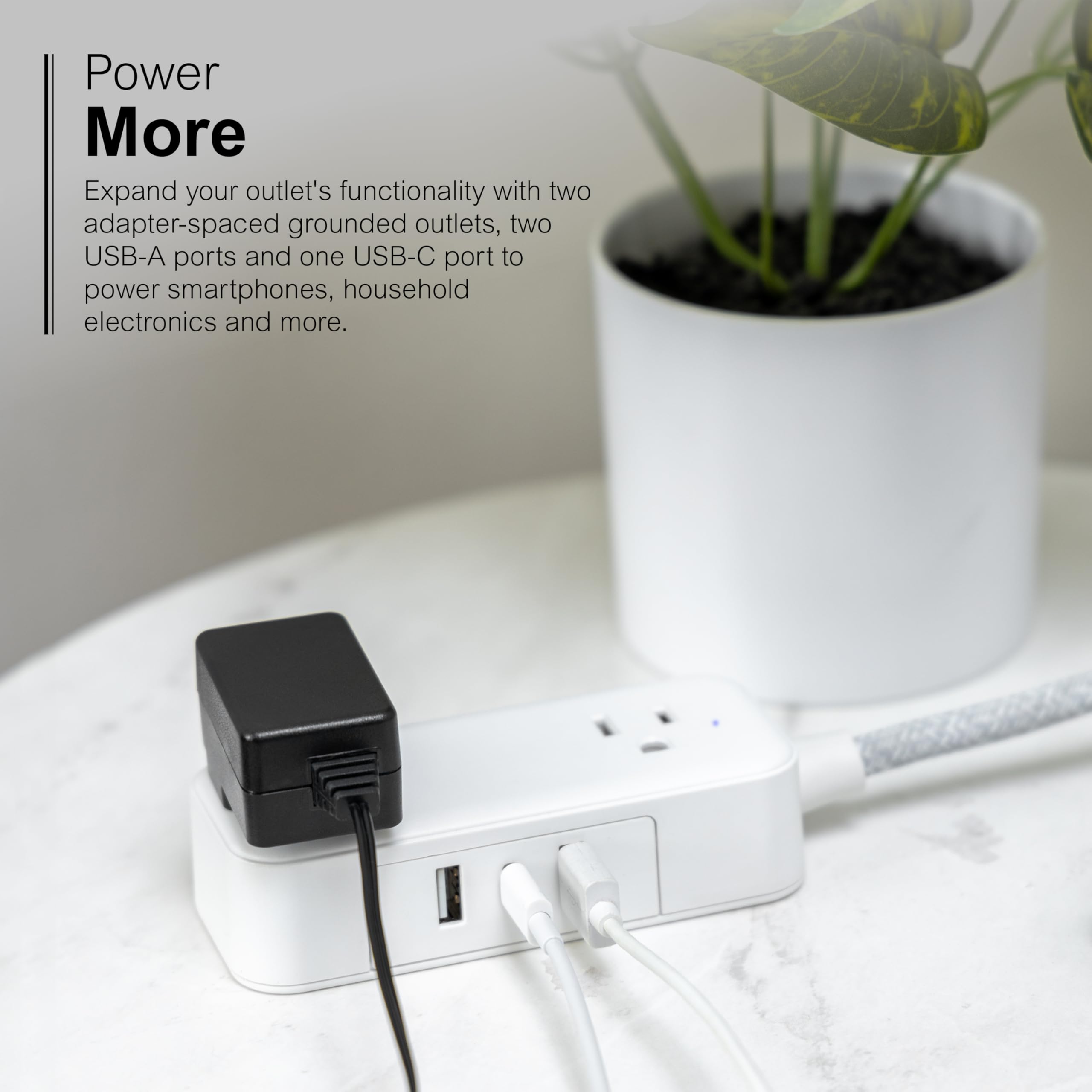 GE Flat Plug Power Strip Extension Cord with USB Ports, Travel Power Strip with 2 Outlets 3 USB Ports, Cruise Ship Essentials, 6 Ft Braided Small Extension Cord Flat Wall Plug, ETL Listed White, 81597 - Image 5