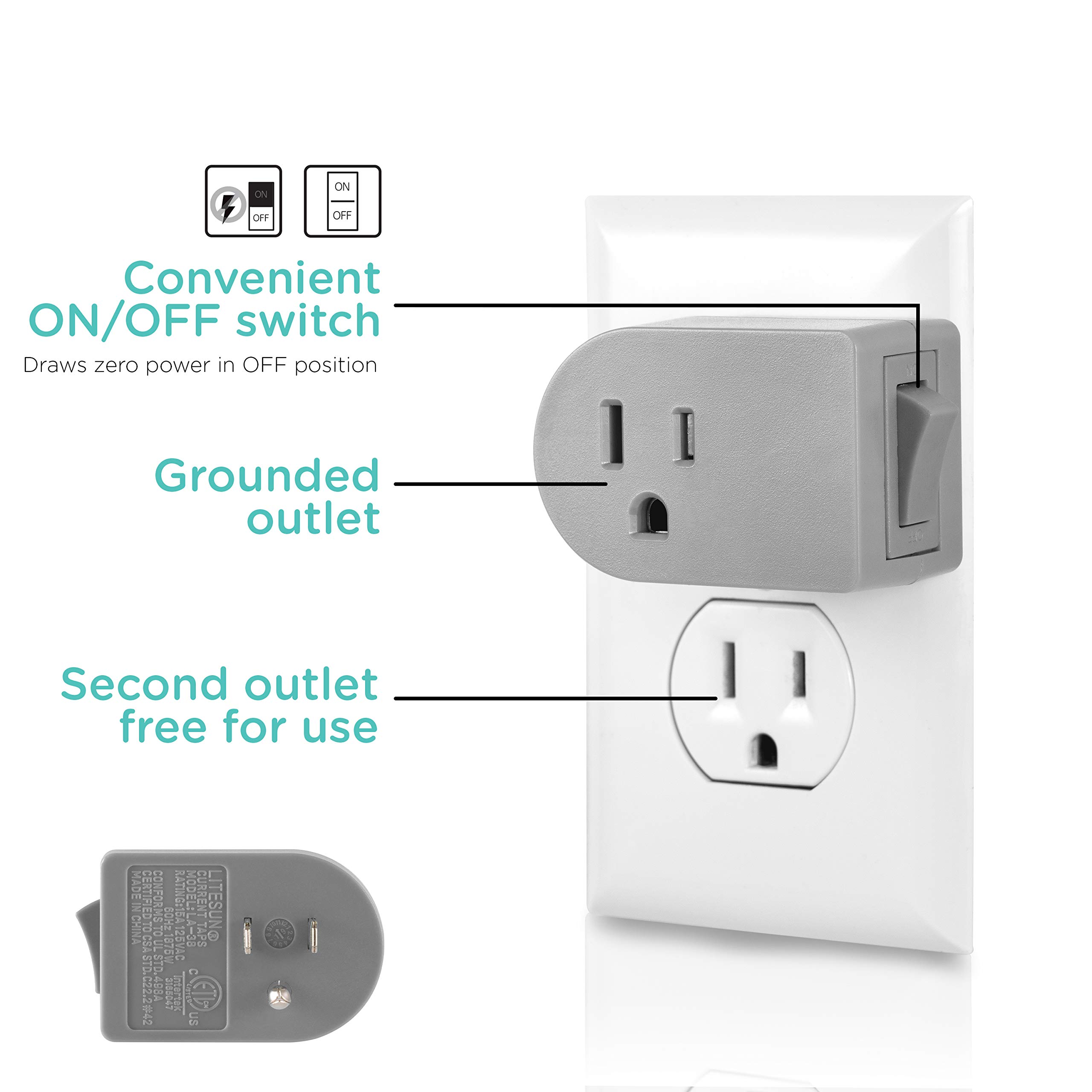 GE Grounded On/Off Power Switch, Plug-In, Energy Efficient, Space Saving Design, UL Listed, Gray, 45203 - Image 2