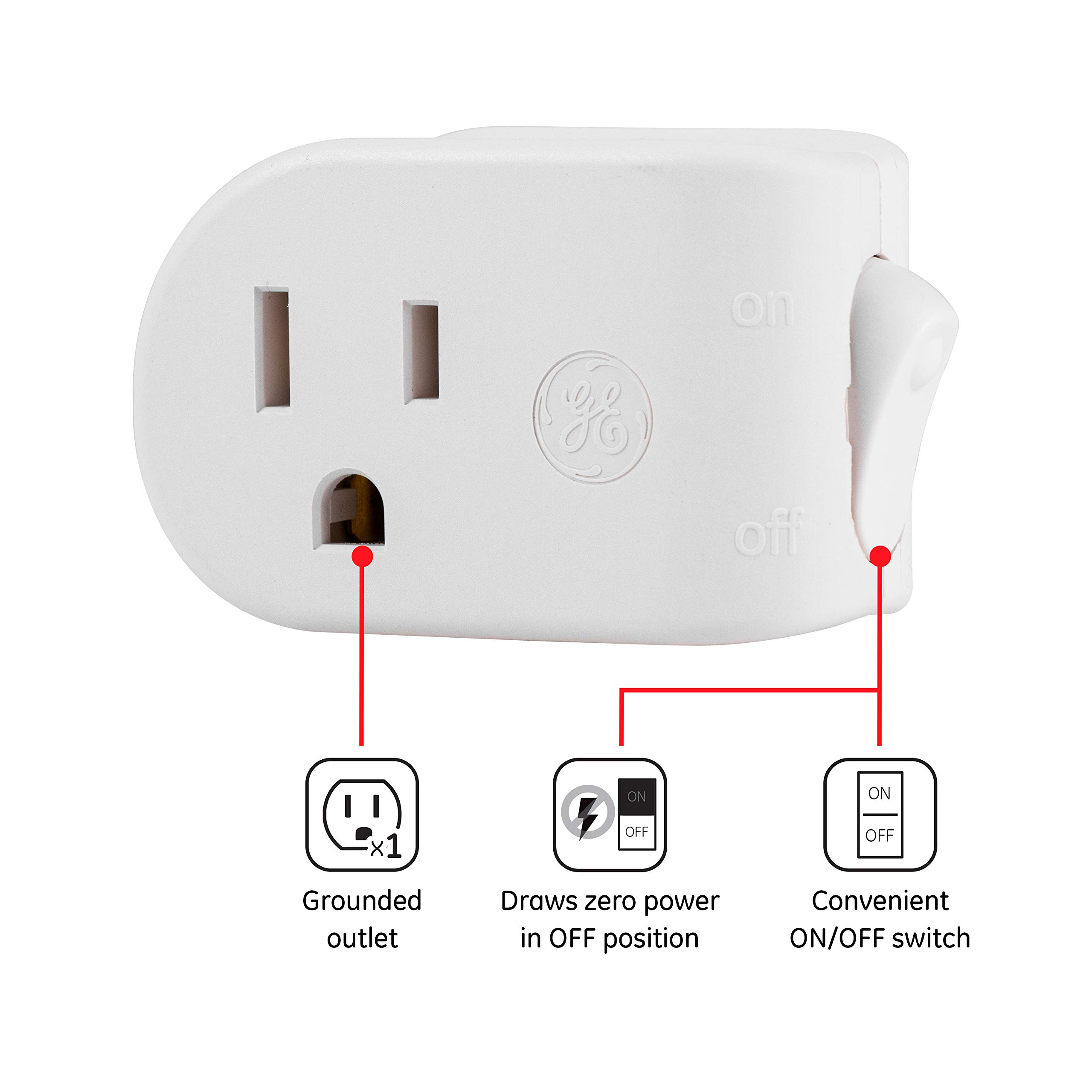 GE Grounded On/Off Power Switch, Plug-In, White, Energy Efficient, Space Saving Design, UL Listed, 15A, 120VAC, 1800W, 25511 - Image 2