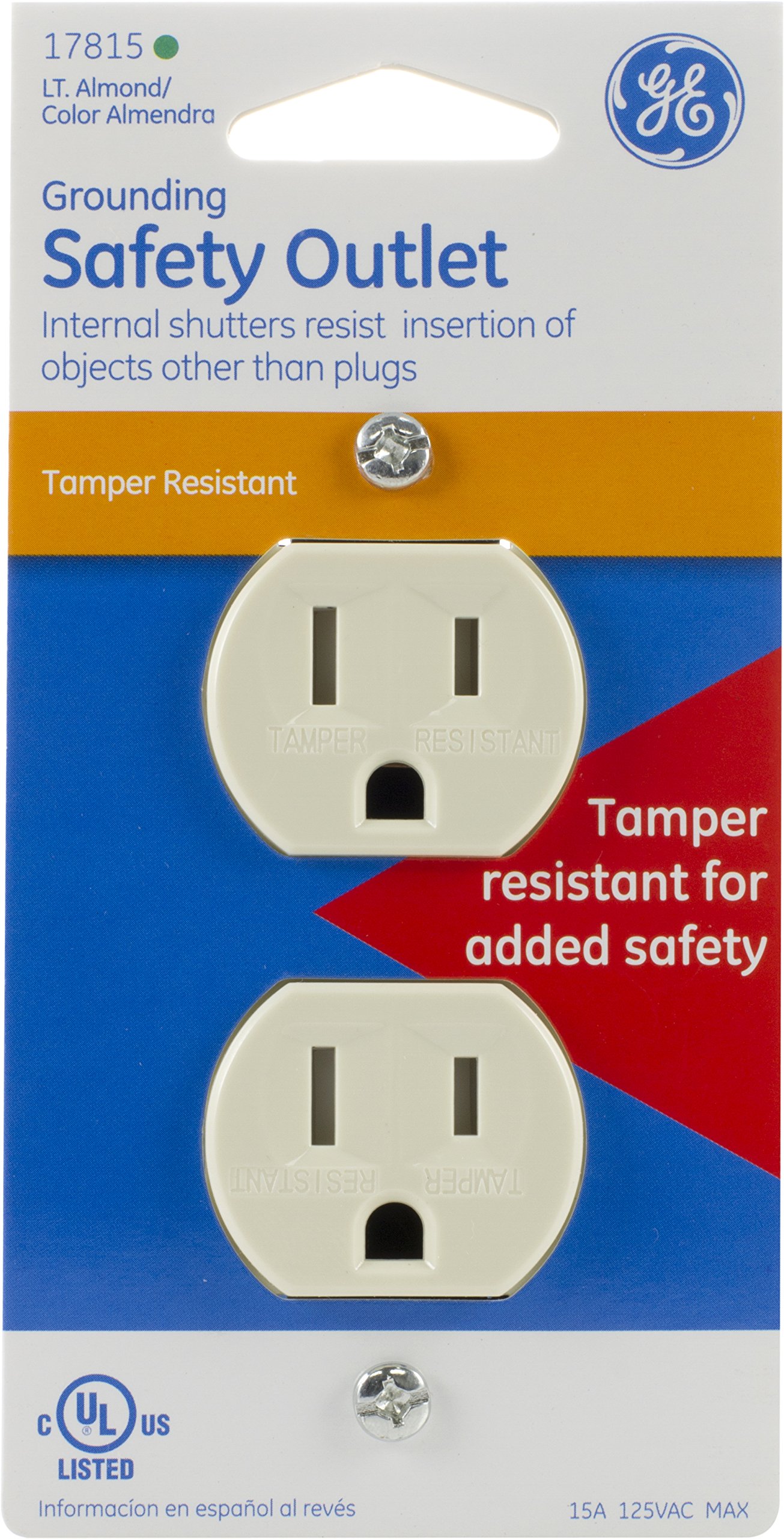 GE Grounding Duplex Outlet, in Wall Receptacle, Tamper Resistant Outlets, 3 Prong Electrical Socket, Easy Install, 15 Amp, UL Listed, Light Almond, 17815 - Image 2