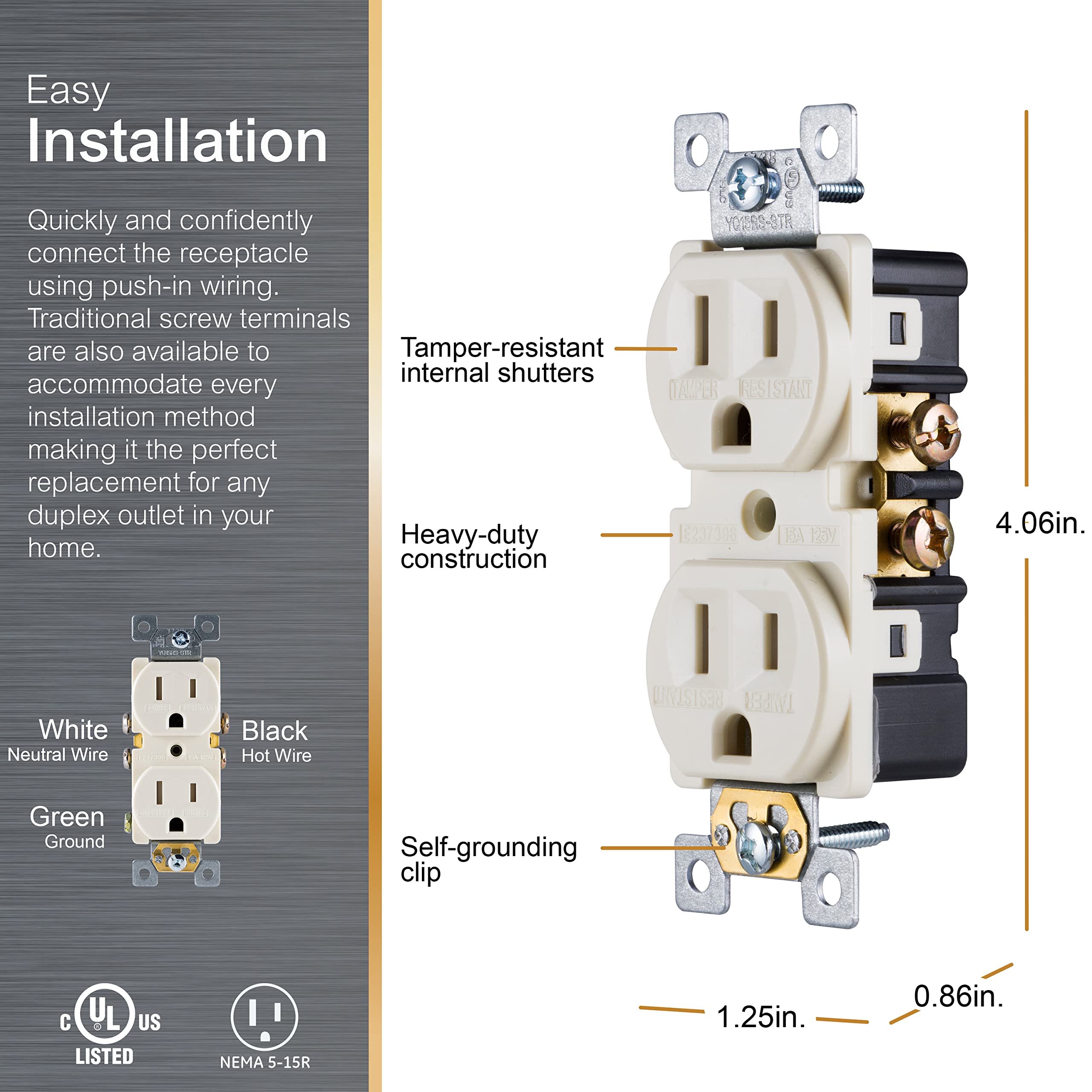 GE Grounding Duplex Outlet, in Wall Receptacle, Tamper Resistant Outlets, 3 Prong Electrical Socket, Easy Install, 15 Amp, UL Listed, Light Almond, 17815 - Image 3