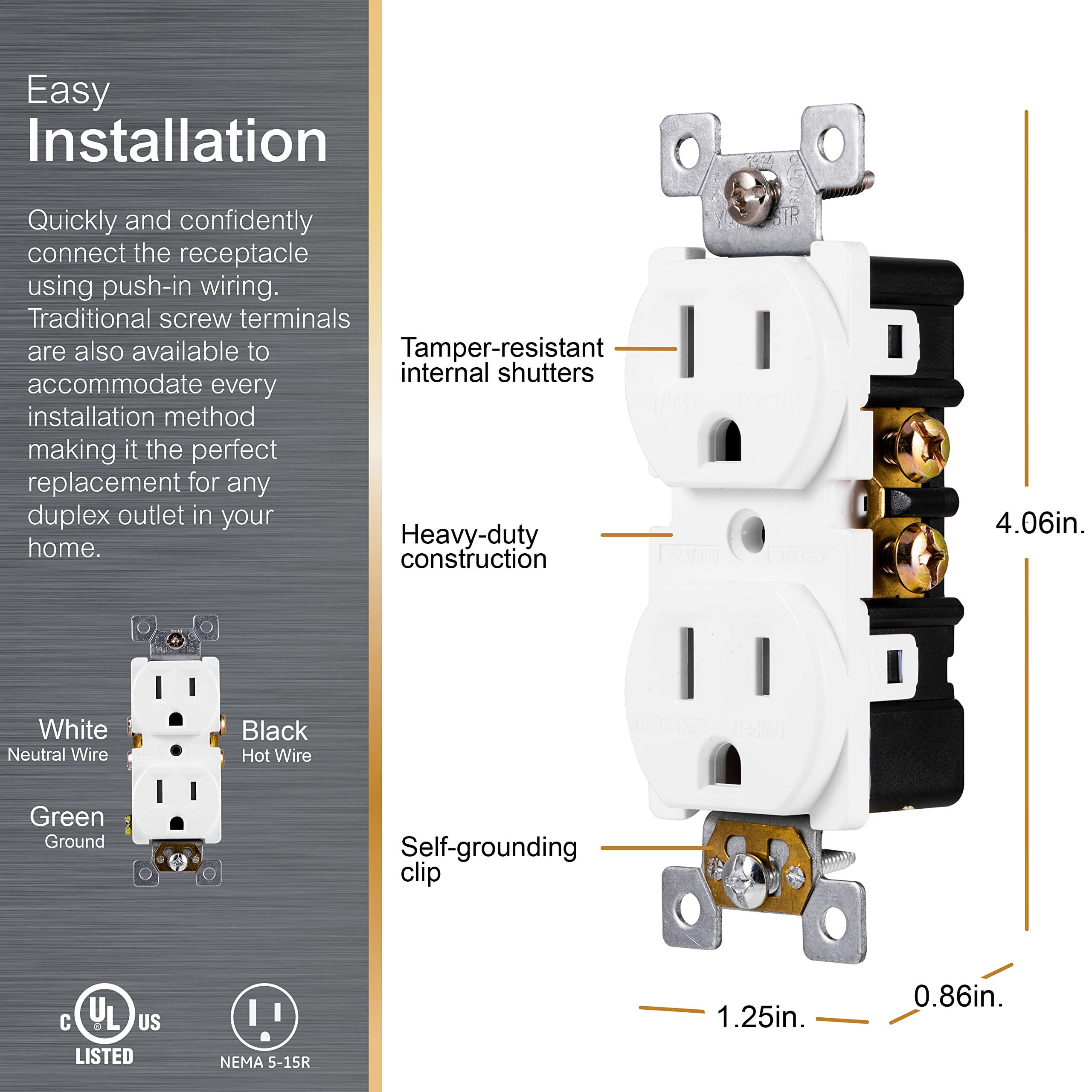 GE Grounding Duplex Outlet, in Wall Receptacle, Tamper Resistant Outlets, 3 Prong Electrical Socket, Easy Install, 15 Amp, UL Listed, White, 54263 - Image 2