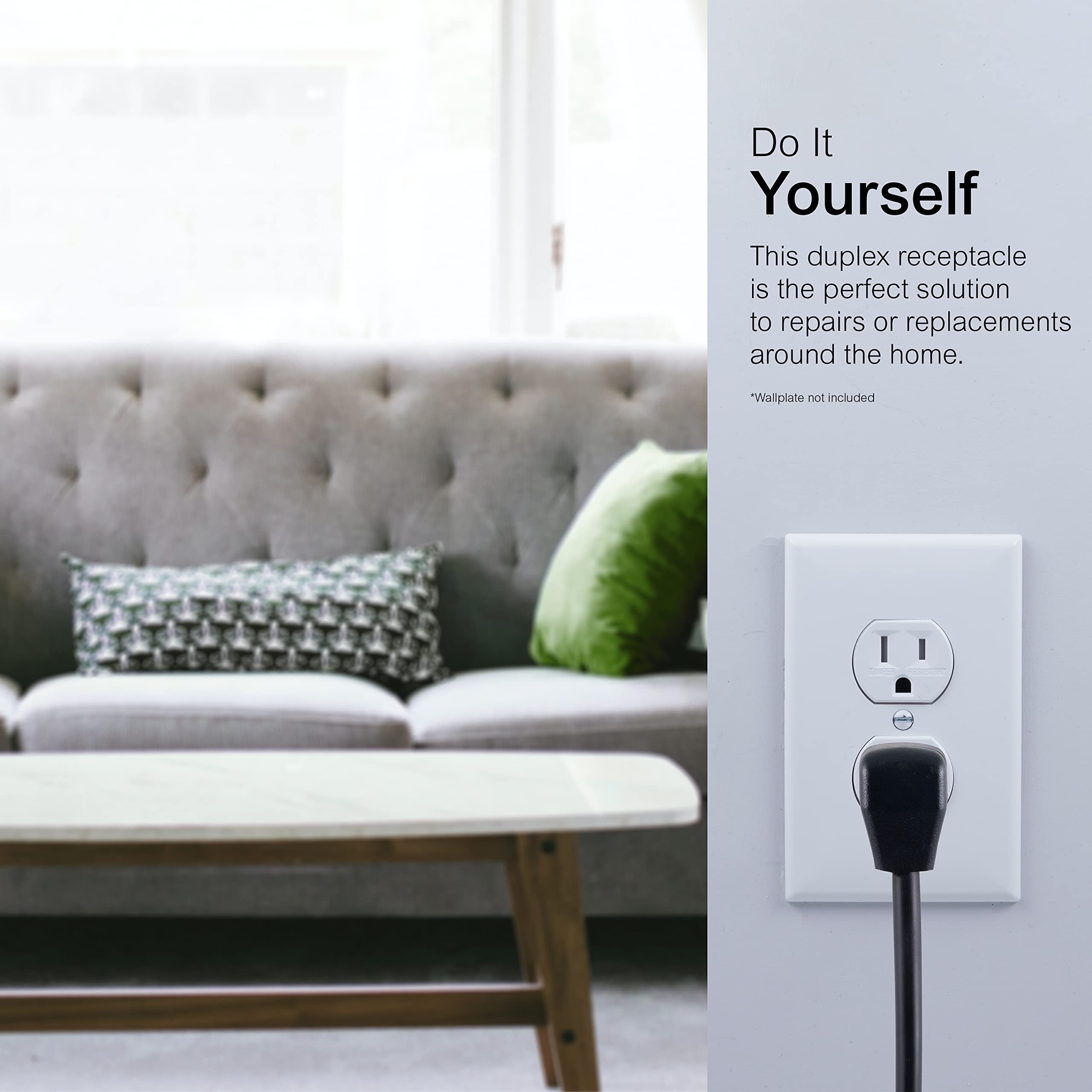 GE Grounding Duplex Outlet, in Wall Receptacle, Tamper Resistant Outlets, 3 Prong Electrical Socket, Easy Install, 15 Amp, UL Listed, White, 54263 - Image 3