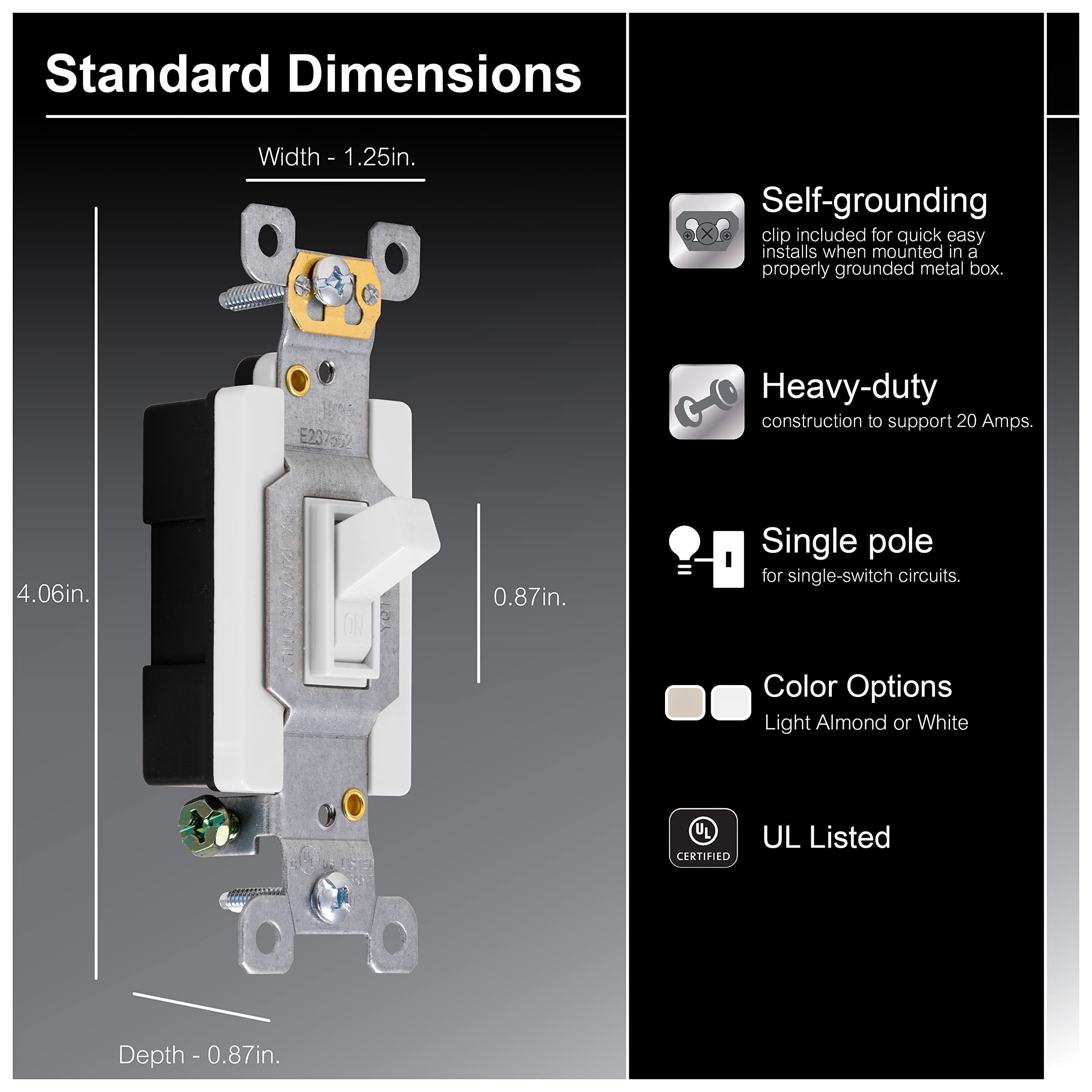 GE Heavy-Duty, Single Pole, in-Wall, Light, Fan, One Switch Circuits, Self-grounding Clip, Easy to Install, 20A/120V AC, UL Listed, White, 42160 - Image 2