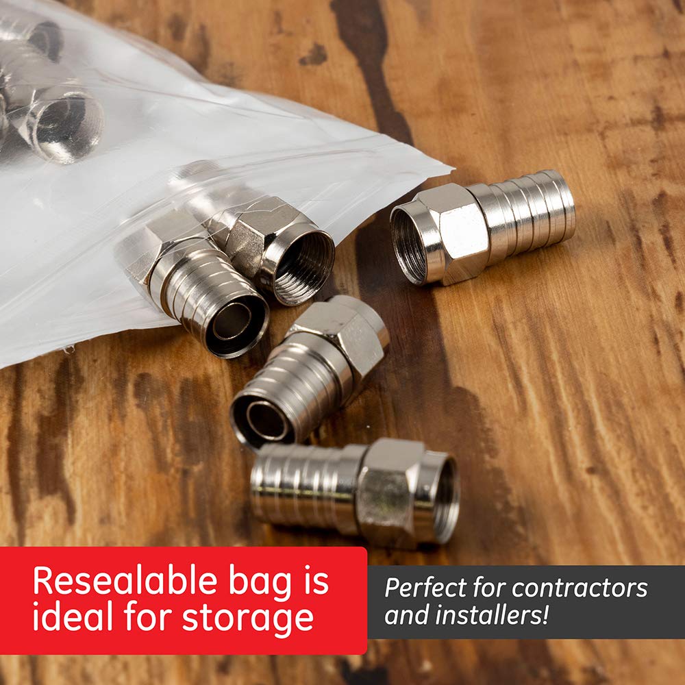 GE Home Electrical 10-Pack RG6 Crimp-On F-Type Connectors, Replace Broken Connectors and Assemble RG6 Cables, Weatherproof, with Resealable Bag, 51236 - Image 5
