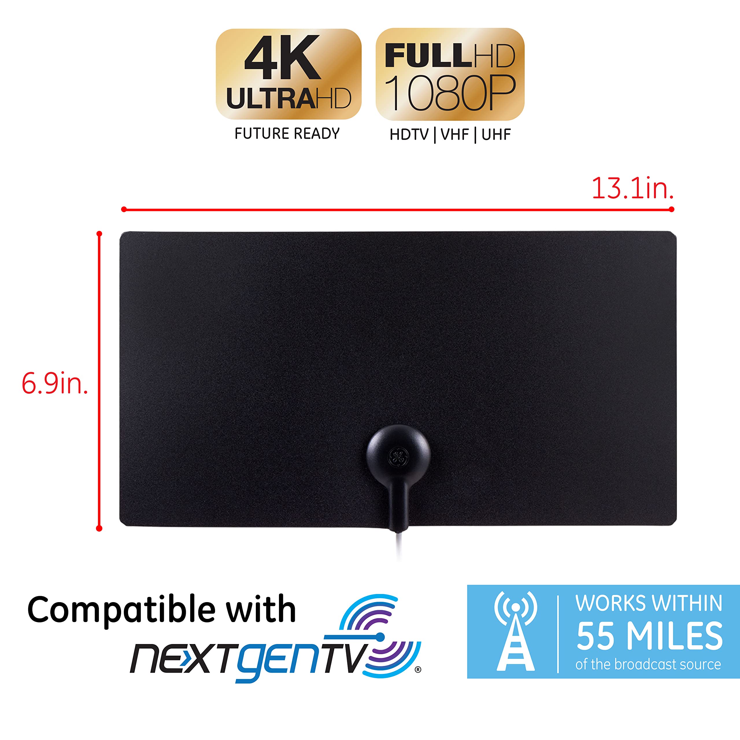 GE Home Electrical GE Ultra Edge Indoor TV Antenna, 50 Mile Range, Home Decor, Digital, HDTV Antenna, Smart TV Compatible, 4K 1080P VHF UHF, 6ft Coaxial Cable, Amplifier, Signal Booster, 33678 - Image 2
