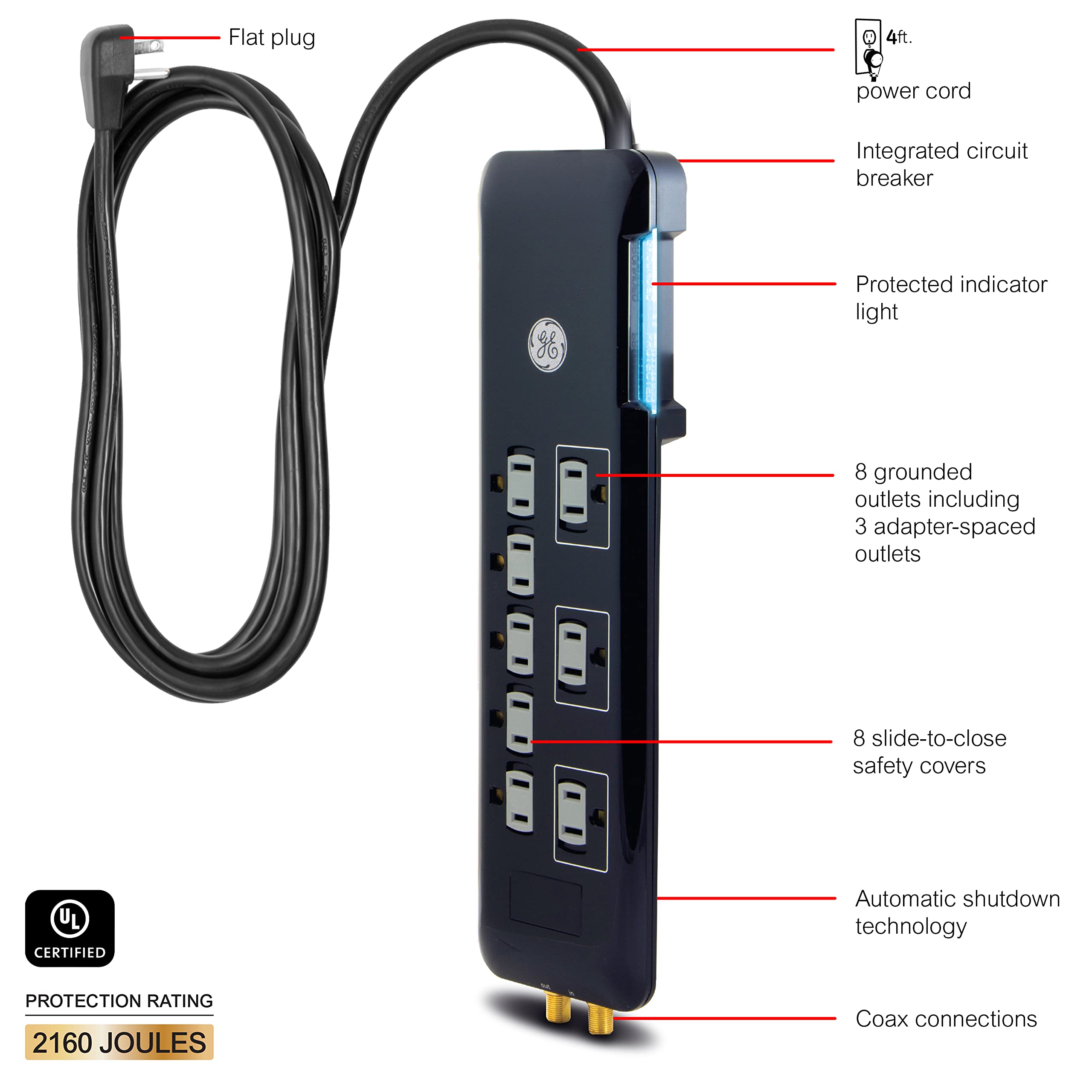 GE Home Electrical GE UltraPro 8 Outlet Surge Protector, 4 Ft Power Cord, 2160 Joules, Flat Plug, Power Filter, Circuit Breaker, UL Listed, Black, 34461 - Image 2